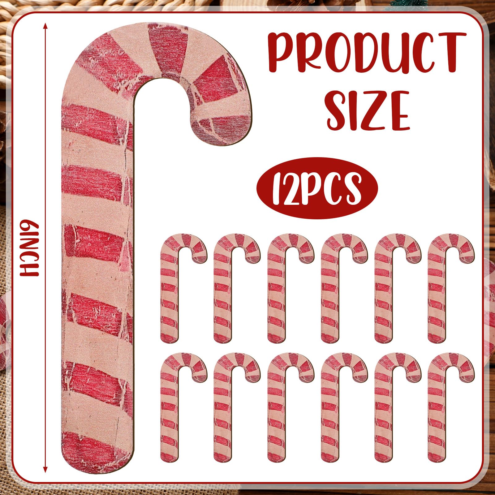Gemscream 12 Pcs 6 Inch Rustic Christmas Candy Cane Farmhouse Christmas Candy Cane Vintage Red and White Striped Xmas Tree Ornam
