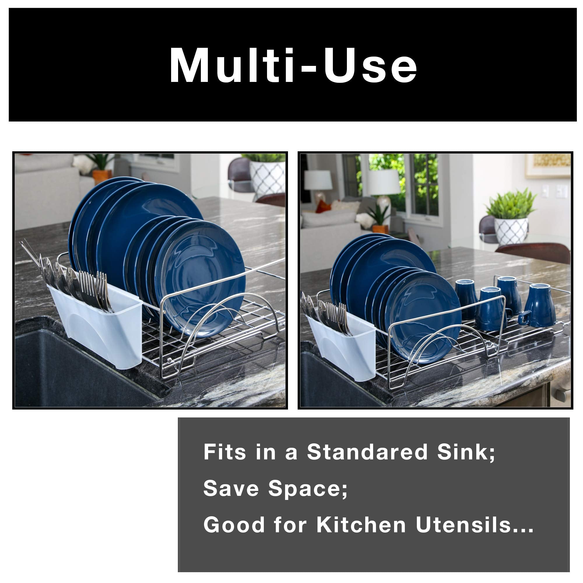 Smart Design Expandable Dish Drainer Drying Rack With Cutlery Cup - Steel Metal Wire - Fits In Standard Sinks - Dishes, Cups, Si