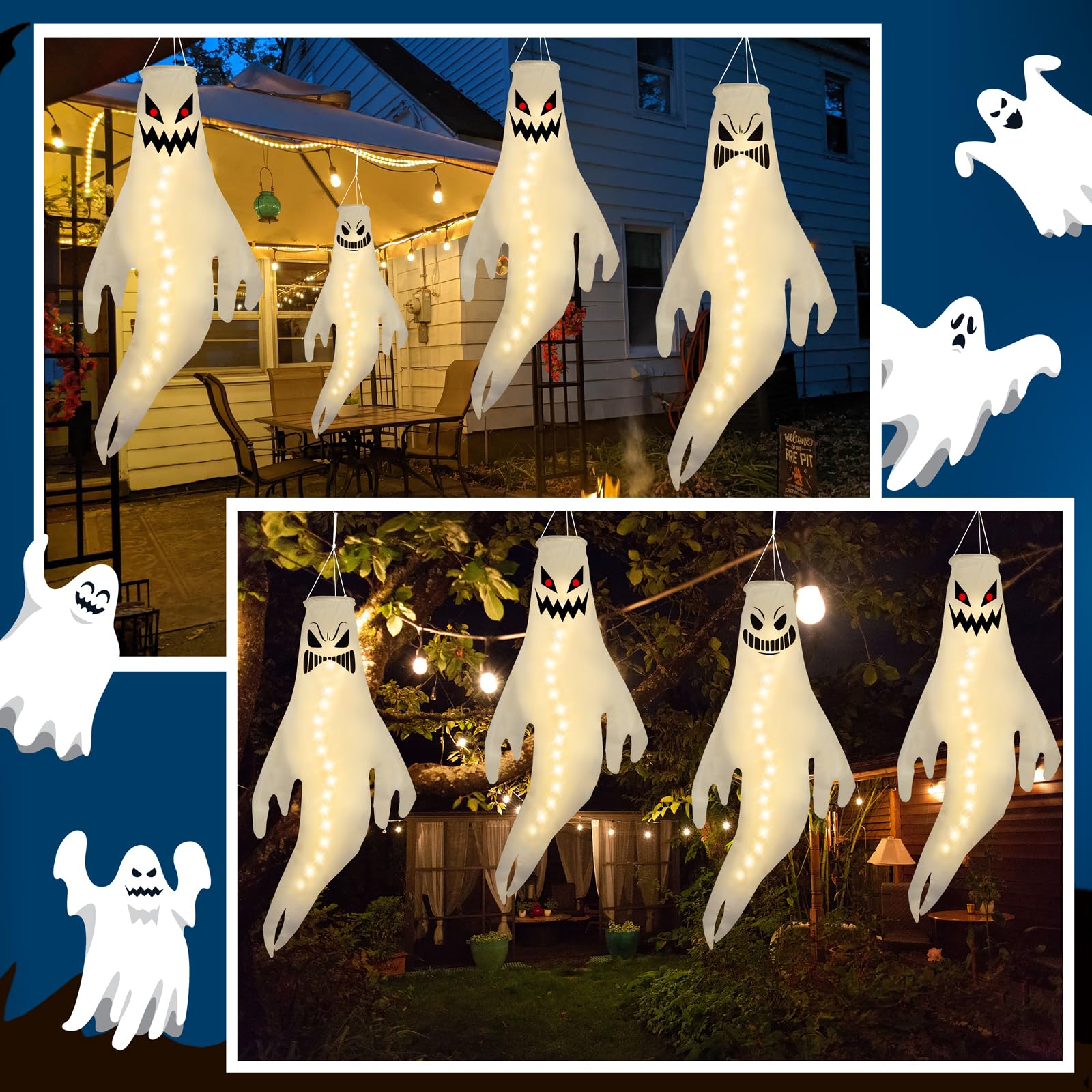Geefuun 4PCS Warm Light Halloween Fierce Ghost Windsocks Hanging Decorations - 43 Inch Flag Wind Socks for Home Yard Outdoor Dec