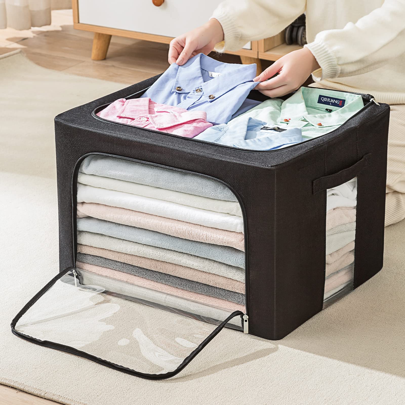 2 Pack Clothes Storage Bins- Foldable Metal Frame Storage Box Large Capacity Linen Fabric Organizer Set with Carrying Handles an