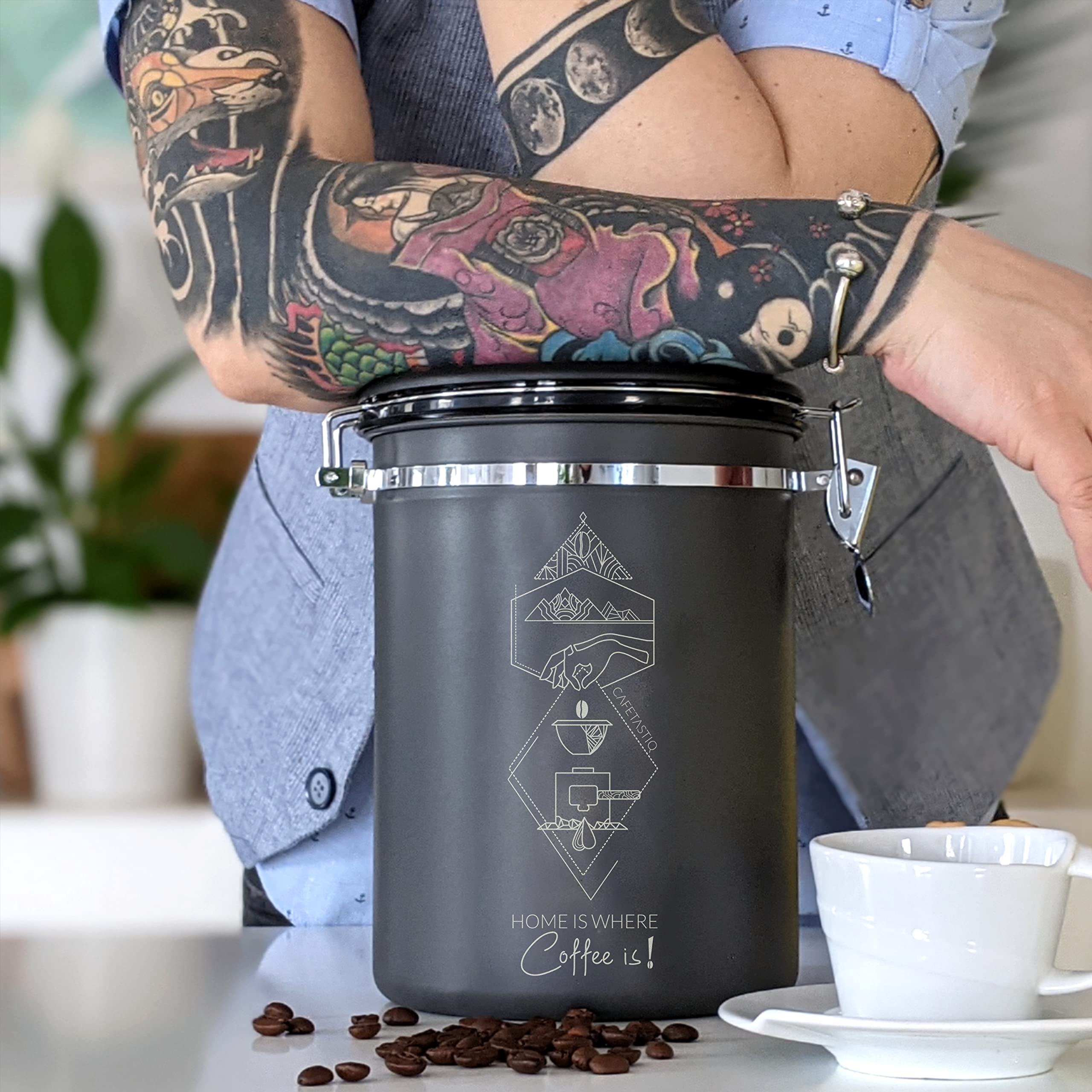 Extra Large 38Oz Beans / 35Oz Grounds Coffee Canister - Coffee Storage Container Tea Flour, Airtight Stainless Steel With Date D