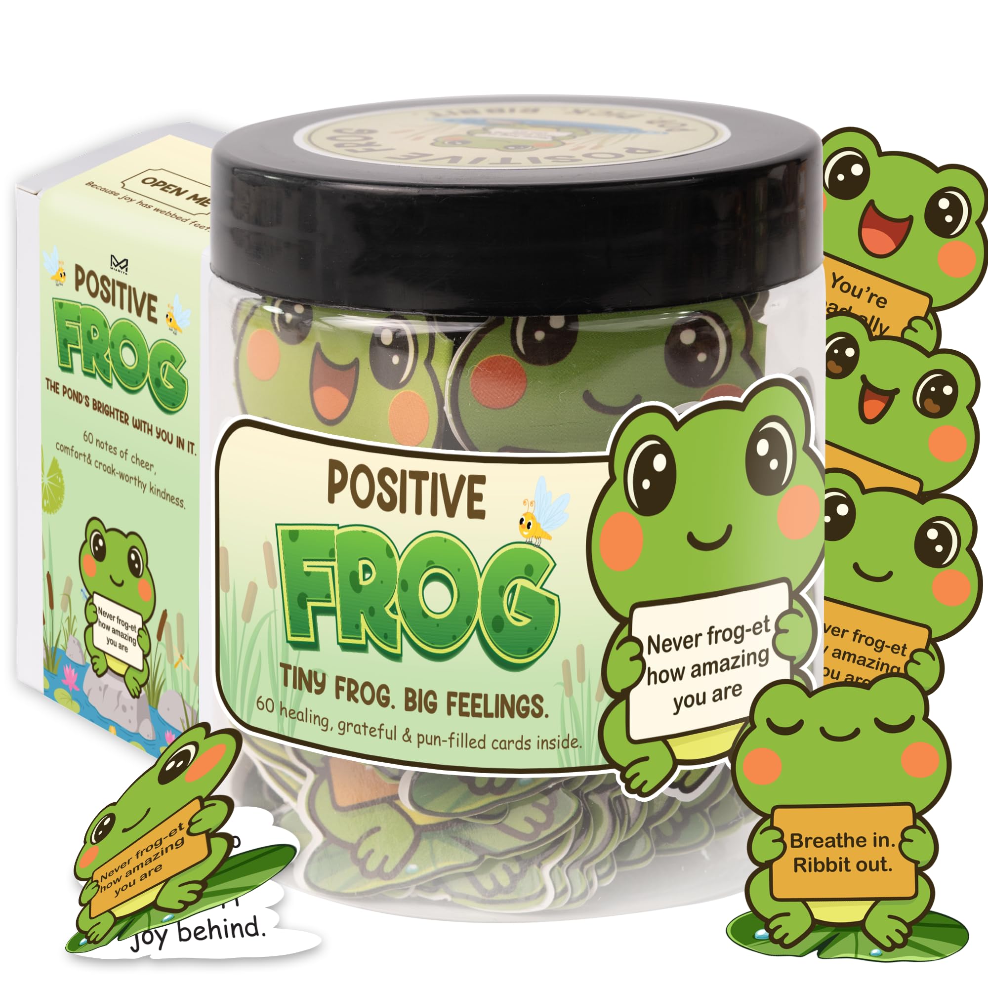 Positive Frog Jar - Cute Thank You Gift, Appreciation Gifts with 60 Uplifting Messages, Funny Emotional Support Frog, Self Care 