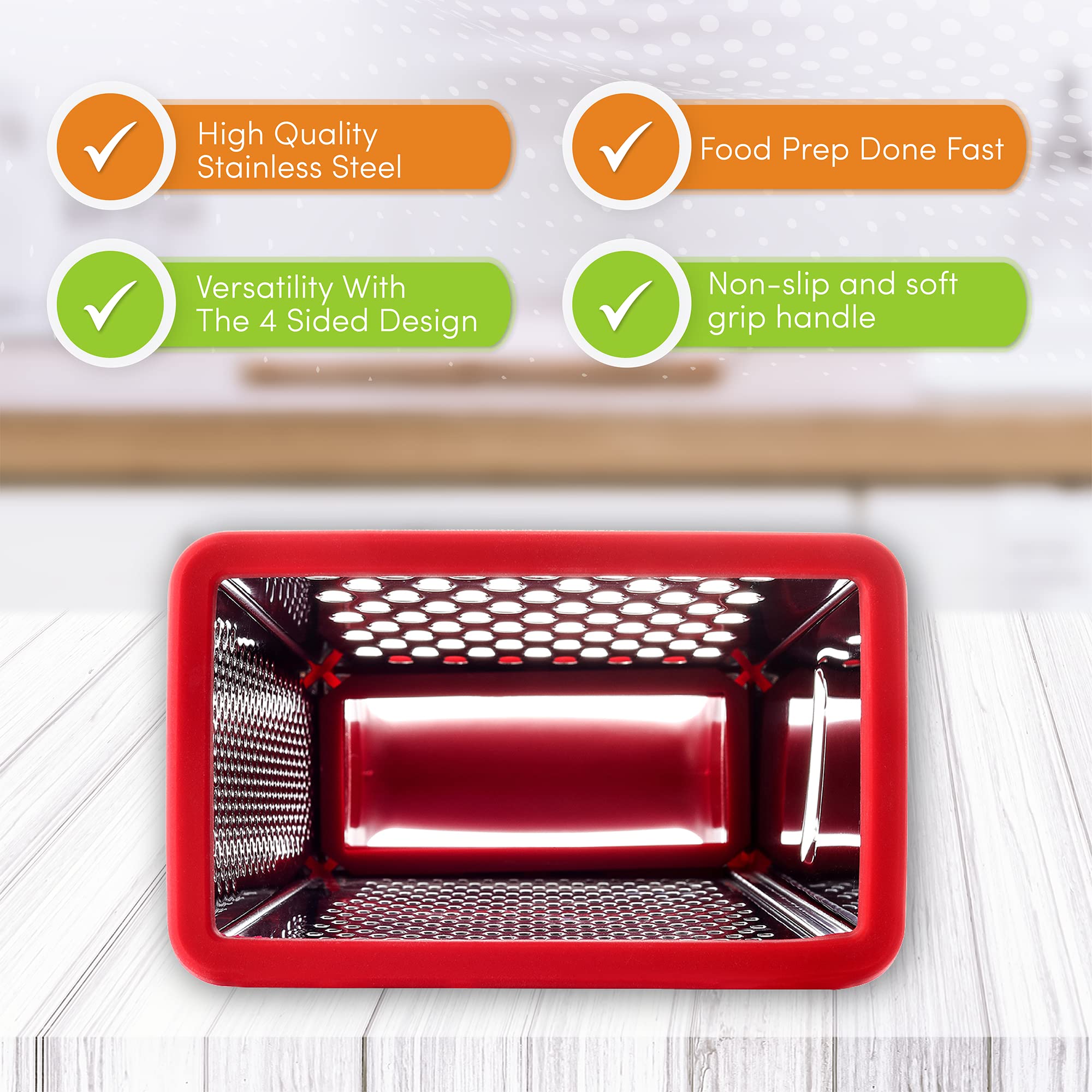 Spring Chef Professional Red 10'' Parmesan Cheese Grater With Container, Stainless Steel & Soft Grip Handle, 4 Sided Kitchen Car