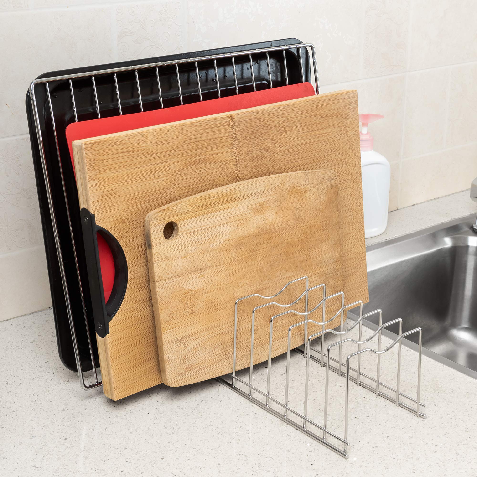 Slideep Pot Pan Lid Holder Rack Organizer, Kitchen Dish Plate Storage Organizer Drying Rack, Bakeware Pot Lid Rack Holder Organi