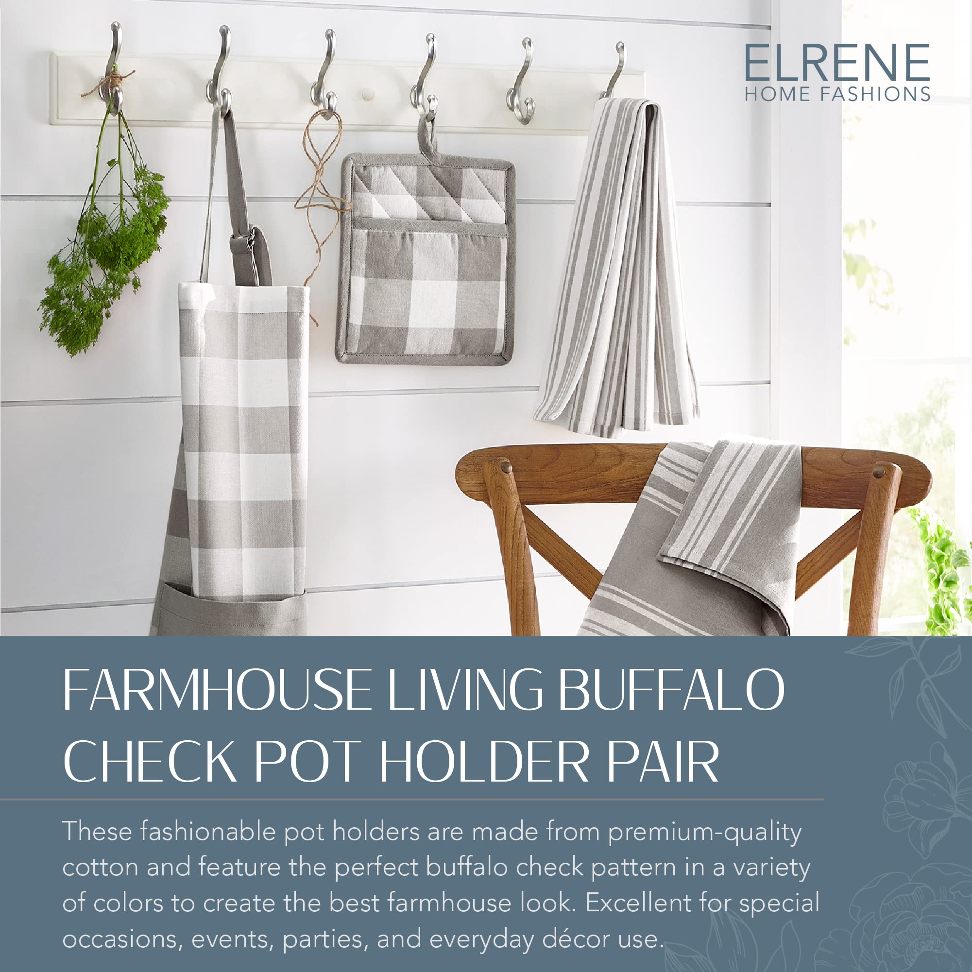 Elrene Home Fashions Farmhouse Living Buffalo-Check Pot-Holder Set, Rustic Pot Holders For Kitchen, Set Of 2, 8'' X 9'', Gray/Wh