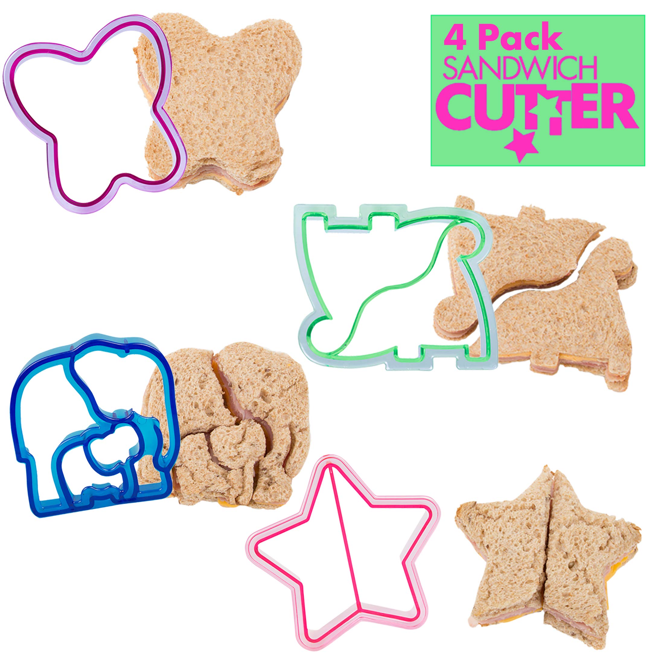 Sandwich Cutters For Kids, 4 Pk - Cute Bread Crust & Cookie Cutters With Butterfly, Star, Dinosaur & Elephant - Great For School