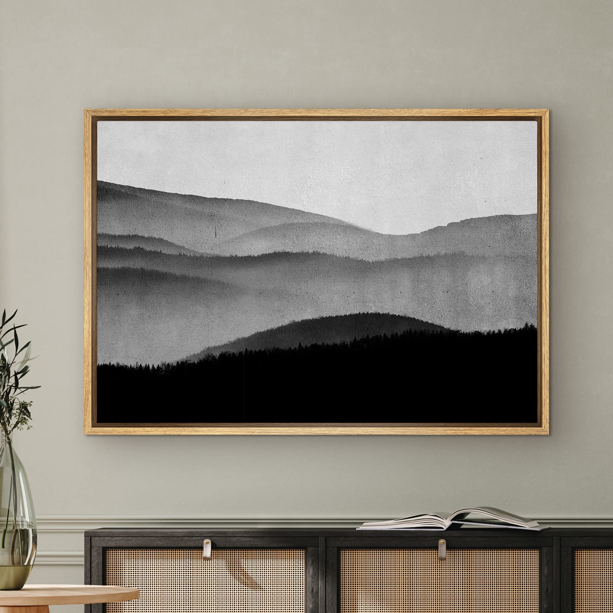 SIGNWIN Framed Canvas Print Wall Art Black Gray Watercolor Mountain Range Vista Abstract Nature Illustrations Modern Art Decorative Elements Duotone for Living Room  Bedroom  Office - 16''x24'' Natural