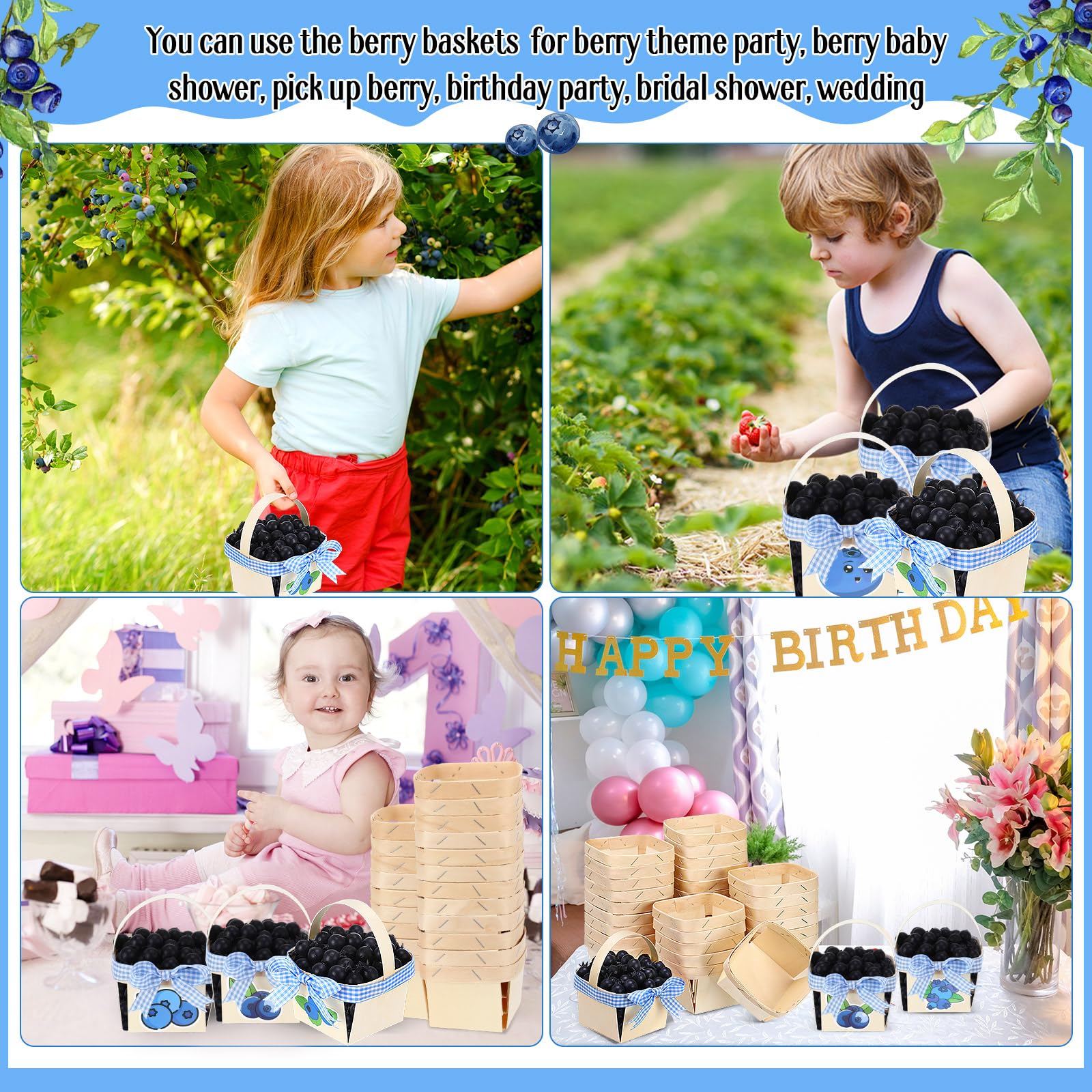 Seeloowy 77 Pcs/30 Sets One Pint Wood Berry Basket with Handle with Blueberry Stickers and Blue Gingham Ribbon 4 Small Gifts Bas