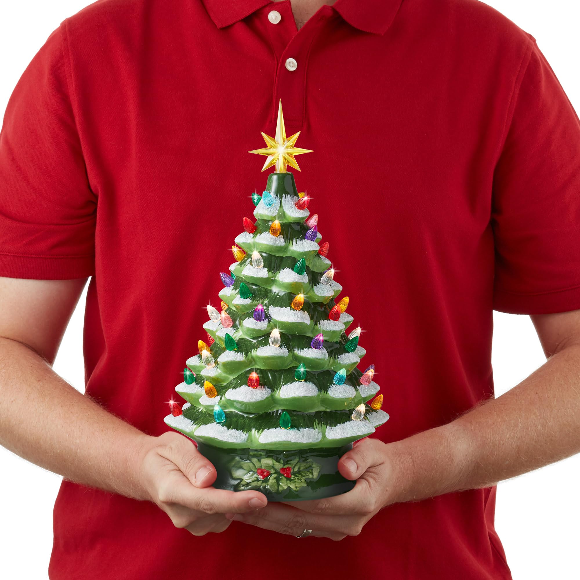 Casafield Hand Painted Ceramic Christmas Tree, Green Snow Flocked 15-Inch Pre-Lit Tree with 128 Multi-Color Lights and 2 Star To