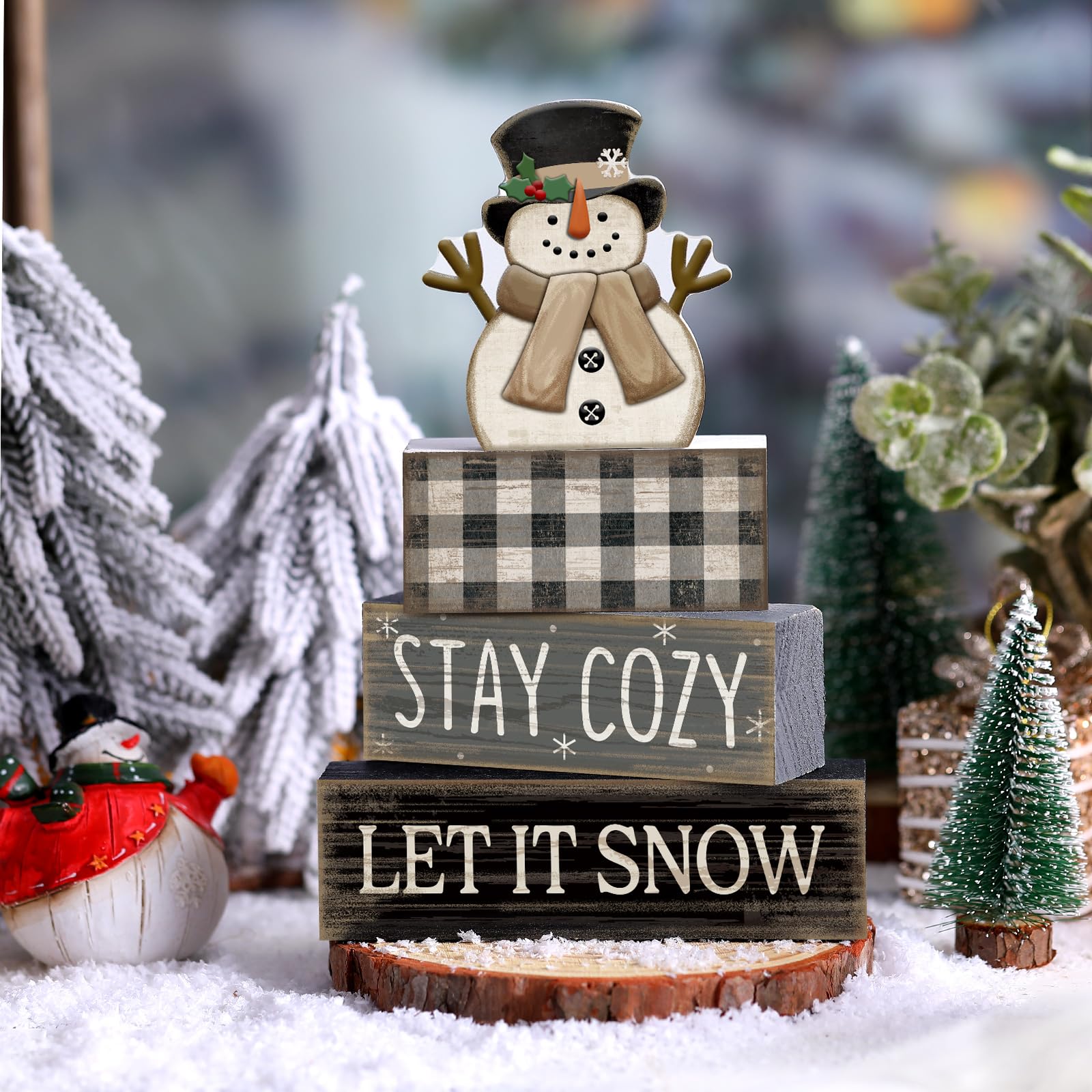 Yuntau 4 Pcs Christmas Winter Table Decorations Wooden Snowman Winter Tiered Tray Decor Rustic Block Signs Gift Farmhouse Christ