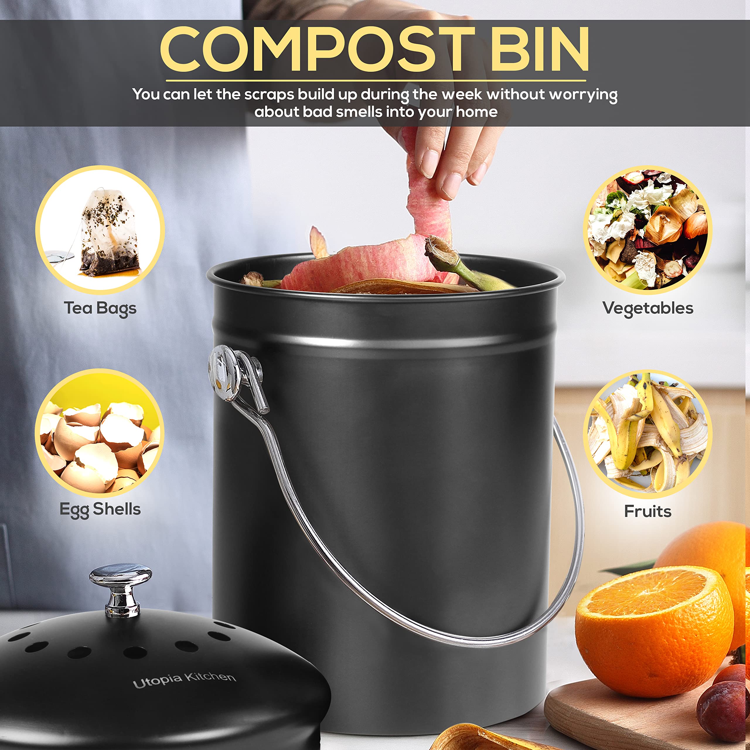 Utopia Kitchen Compost Bin For Kitchen Countertop - 1.3 Gallon Compost Bucket For Kitchen With Lid - Includes 1 Spare Charcoal F