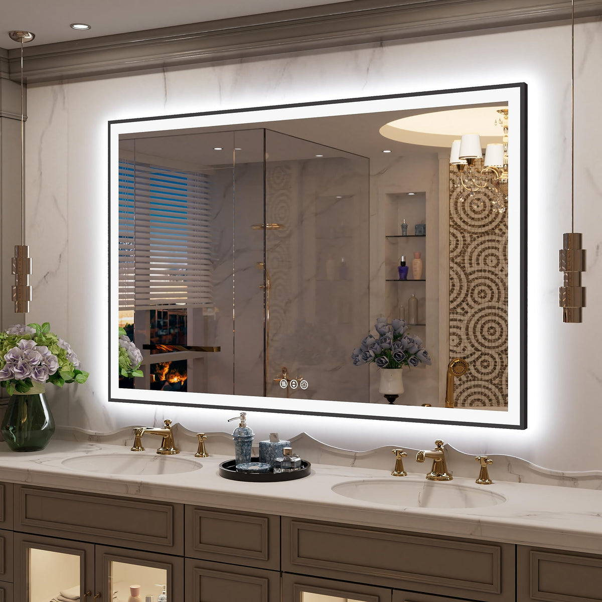 Yamazakura Large Light Bathroom Mirror 60X40 Backlit And Front Lighted Led Wall-Mounted Vanity Mirror Modern Rectangle Black Mir