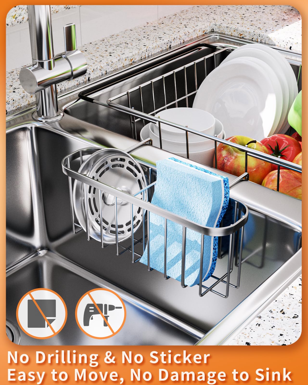 Swtymiki Sponge Holder For Kitchen Sink With Partition, Movable Kitchen Sink Caddy With Compact Size Rustproof And Waterproof Ha