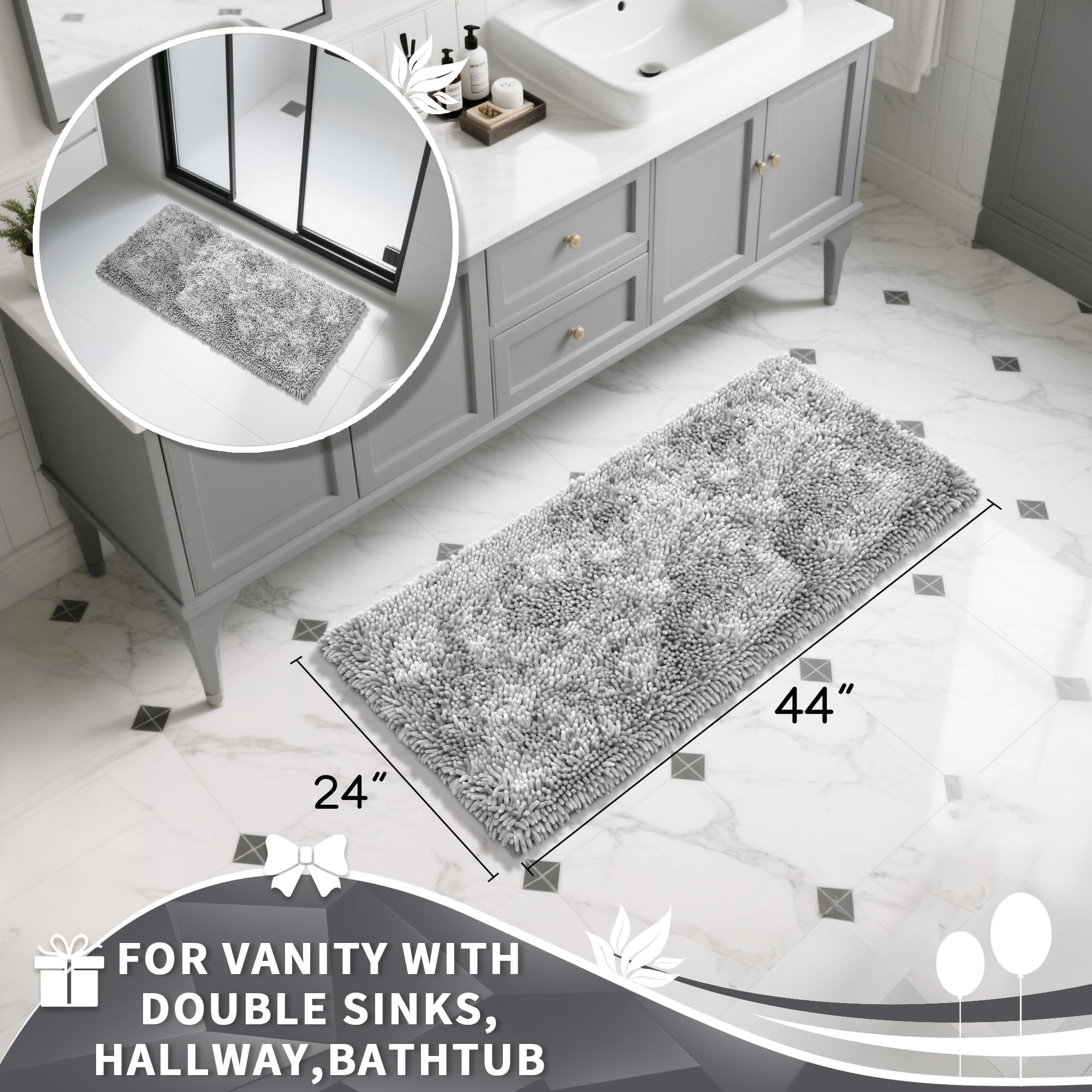 Yimobra Original Chenille Bath Rug Mat  Large Size 44.1 x 24 Inches  Soft Shaggy  Premium Non-Slip Bath Mat  Super Absorbent  Machine Washable Dry  Luxury Plush Mats for Bathroom  Light Gray