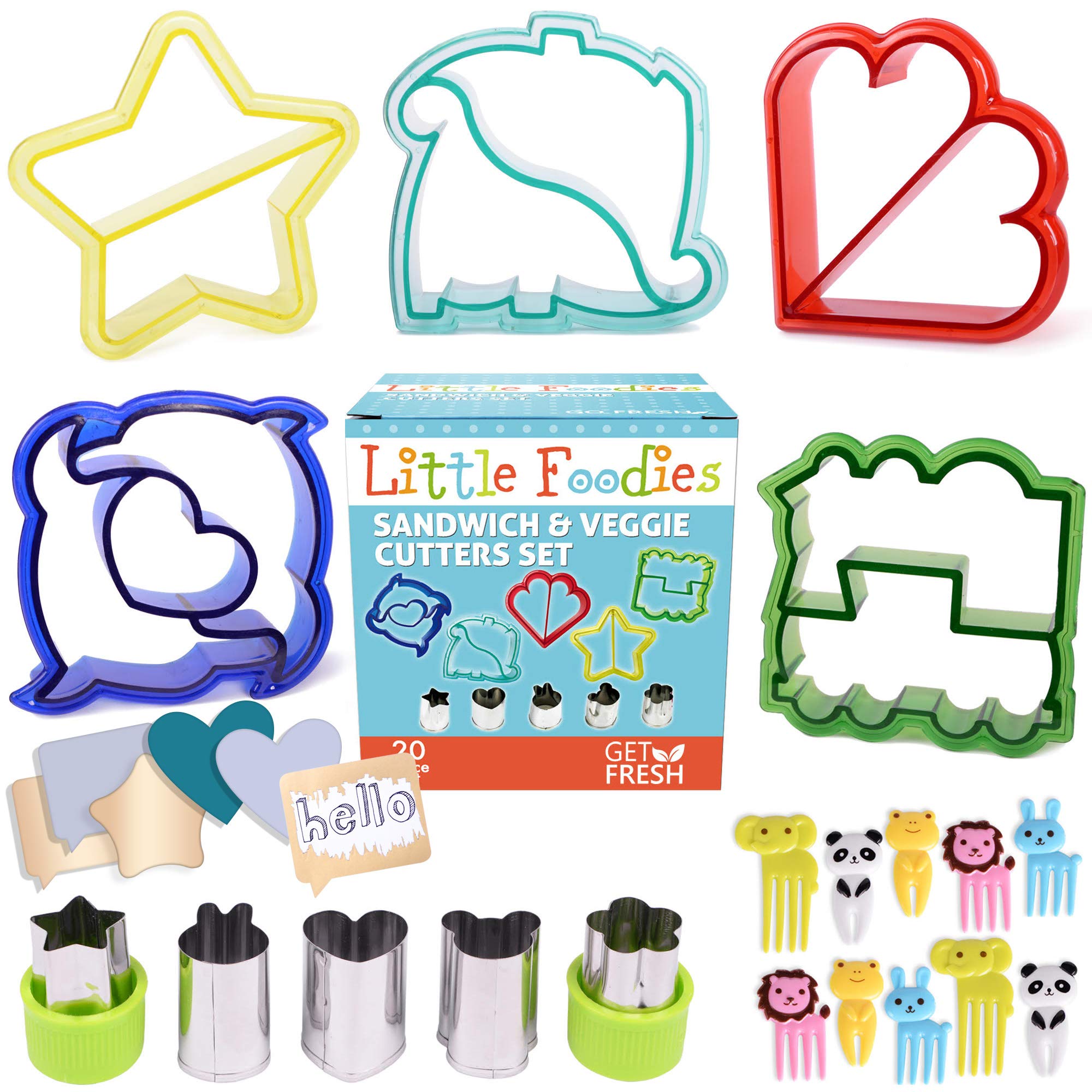 Sandwich Cutters For Kids, 20-Piece Set, 5 Kid Sandwich Cutters Shapes, 5 Vegetable Cutters Shapes, 10 Bento Deco