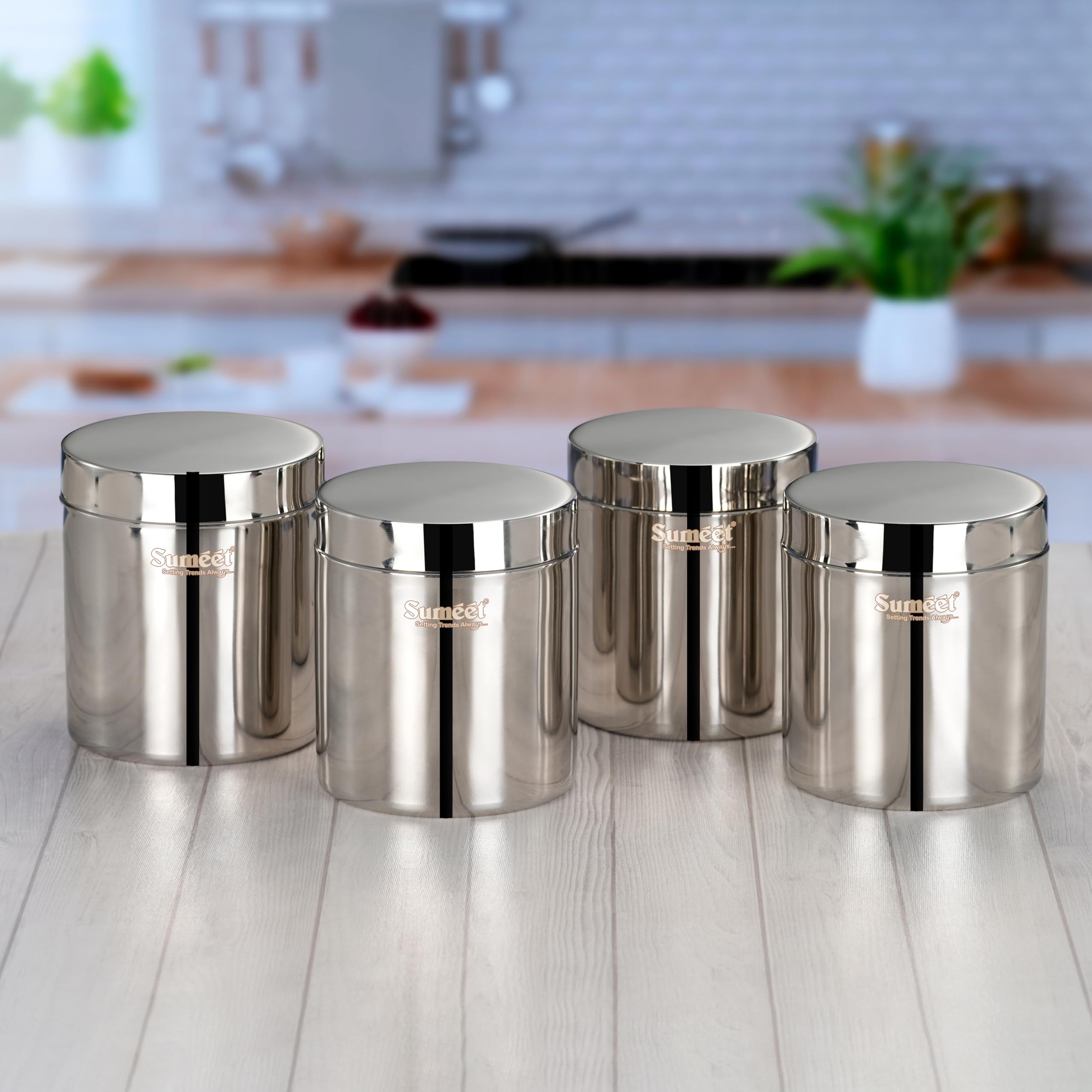 Sumeet Stainless Steel Containers/Jars/Dabba For Kitchen Storage With Lids  Set Of 4Pcs, 1800Ml Capacity, 13.3Cm Dia, Silver