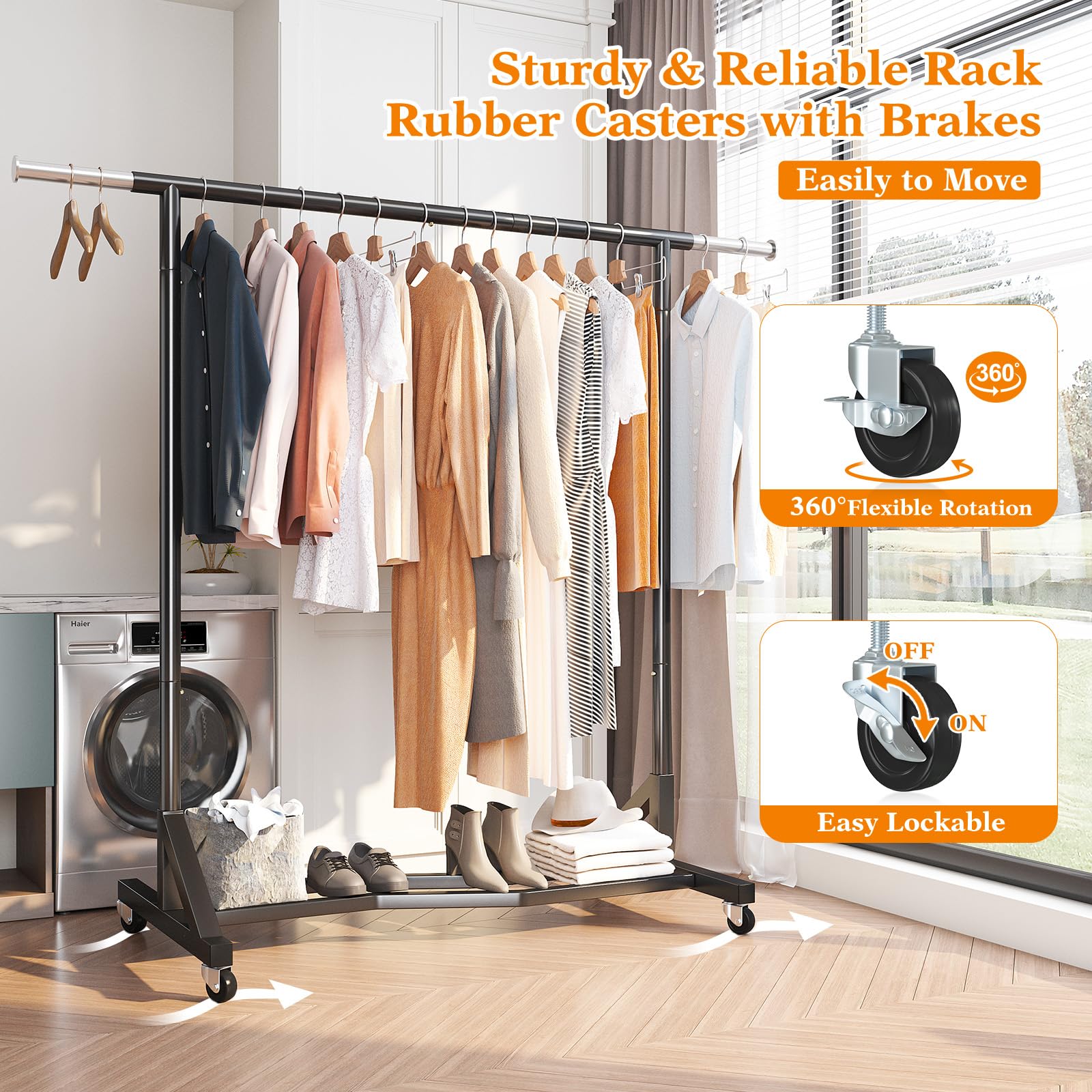 Raybee Clothing Rack Heavy Duty 77'' W Clothes Rack Clothing Racks For Hanging Clothes Rolling Clothes Rack With Wheels Commerci
