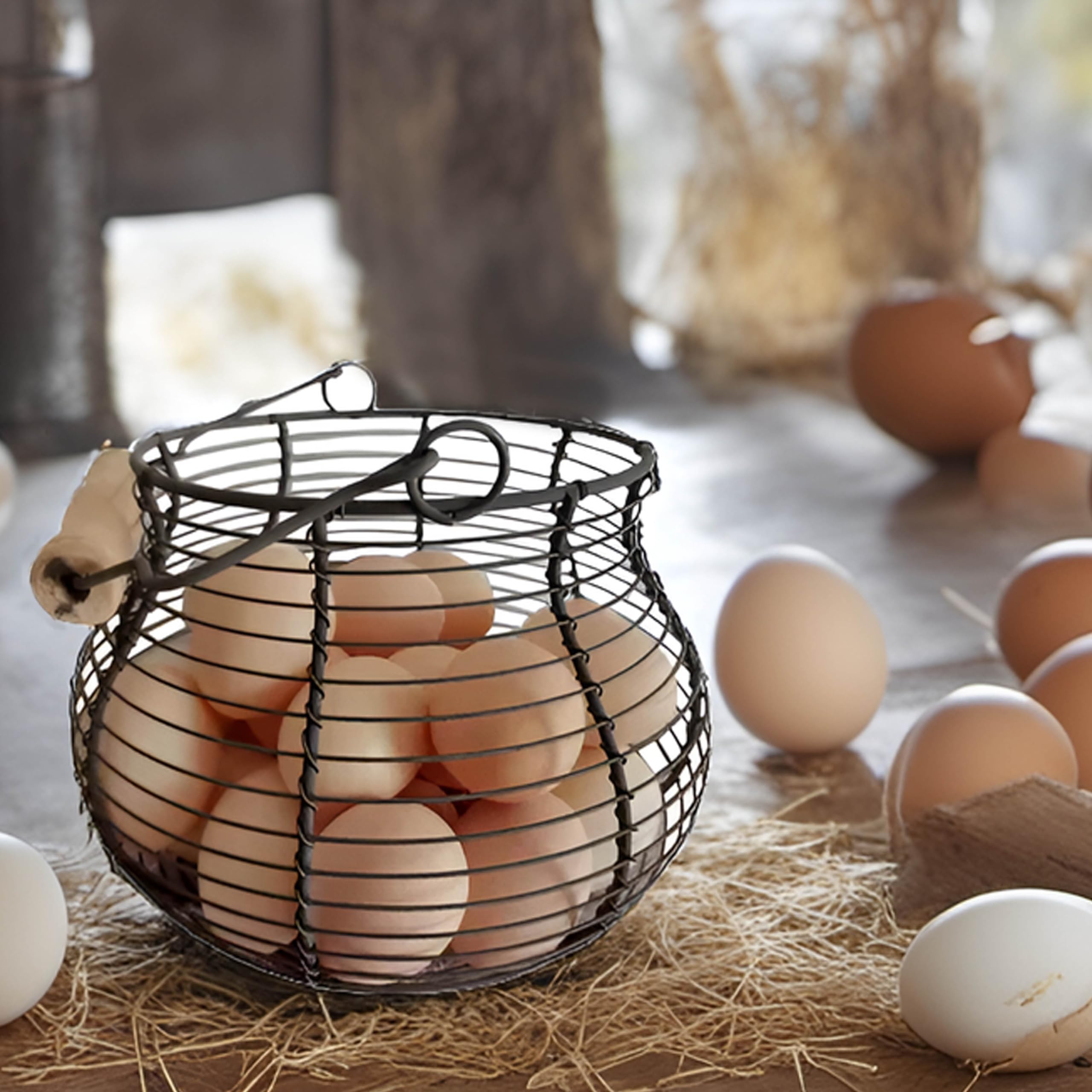Lincountry Farmhouse Round Wire Egg Baskets For Fresh Egg With Handle,Metal Egg Collecting Basket For Gathering Fresh Egg,Basket