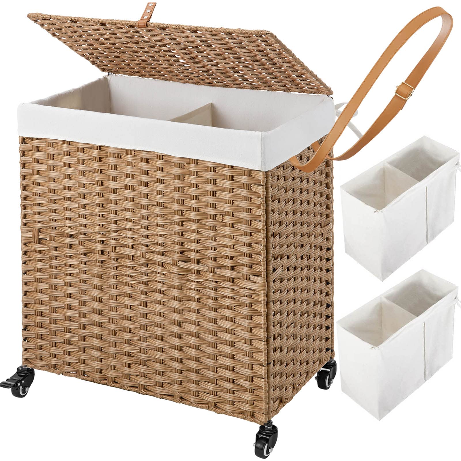 Greenstell Laundry Hamper With Wheels, No Install Needed, 110L Divided Handwoven Hampers & 2 Removable Liner Bags, Synthetic Rat