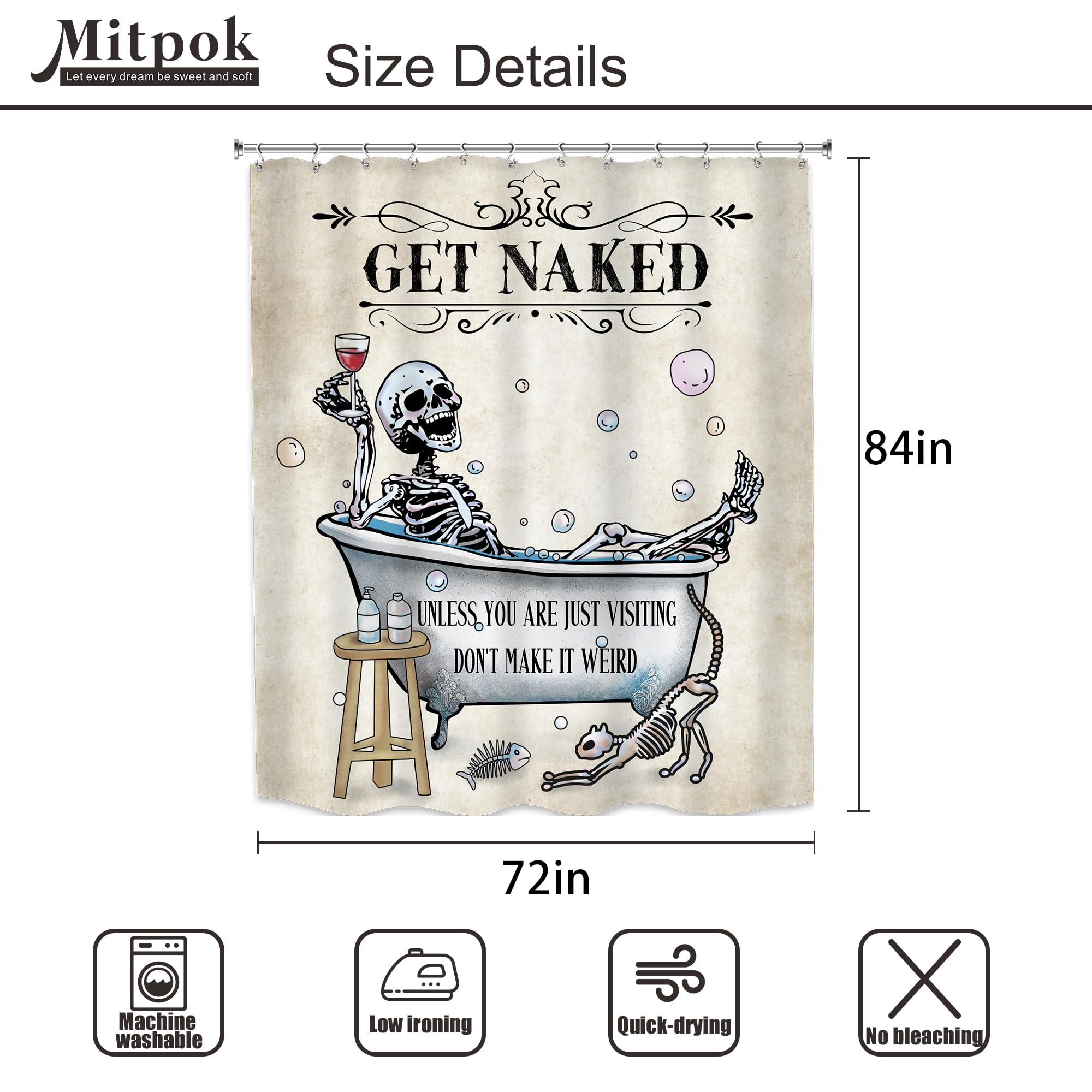 Mitpok Funny Skull Skeleton Shower Curtain Extra Long Cool Unique Gothic Spooky Bone In Bathtub Cat Horror Halloween Bathroom De