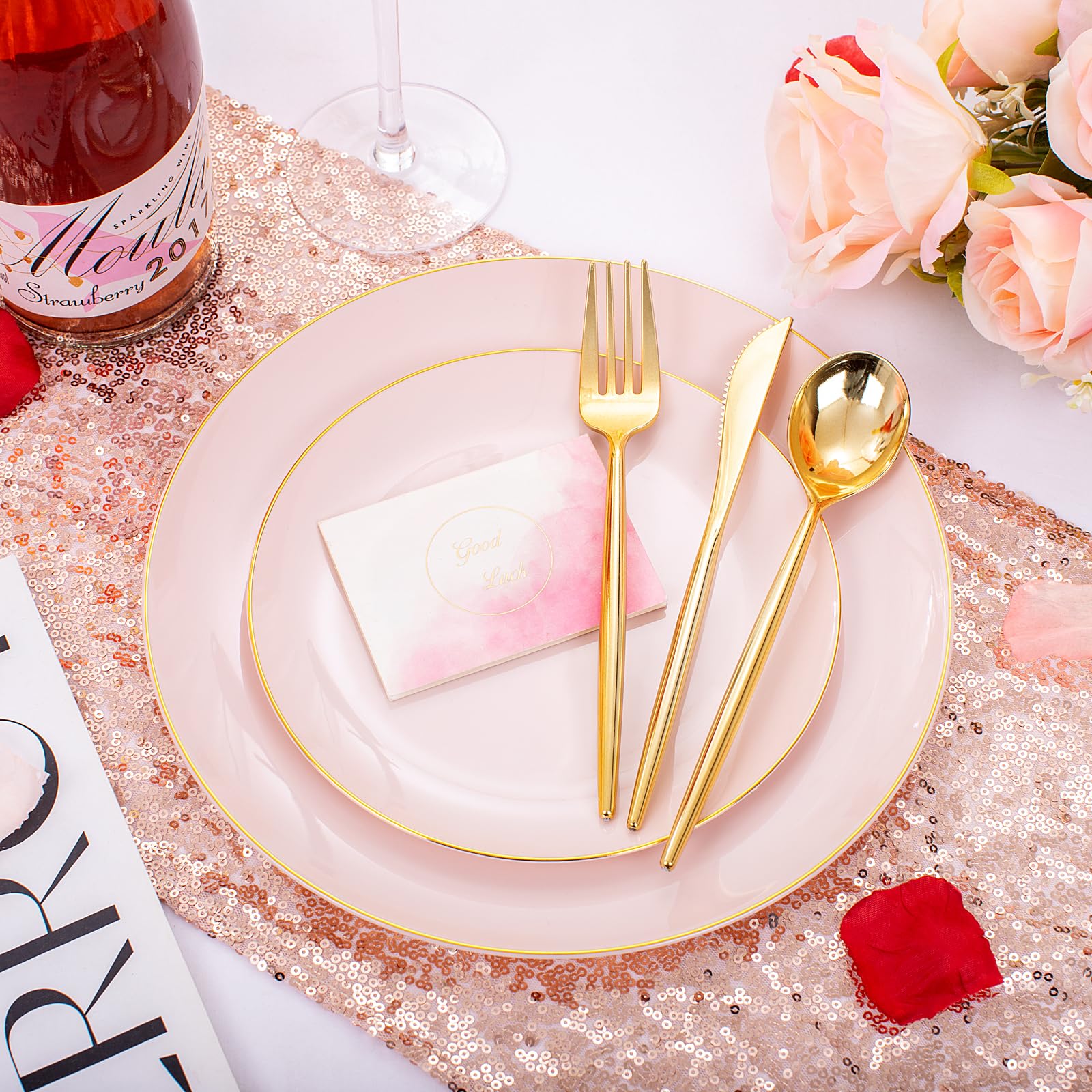 I00000 30 Guests Pink Plastic Plates For Party,Pink Valentine Plates, Gold Disposable Dinnerware Set Include 30 Dinner Plates,30