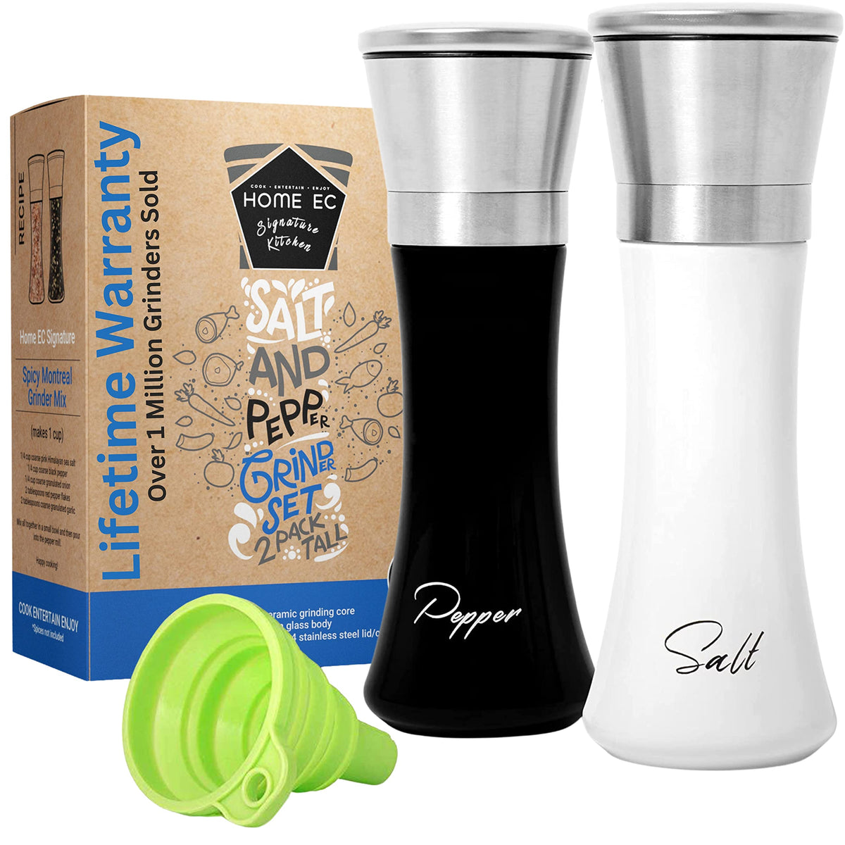 Home Ec Stainless Steel Salt And Pepper Grinder Set Of 2 - Adjustable Ceramic Sea Salt Grinder & Pepper Grinder - Glass Salt And