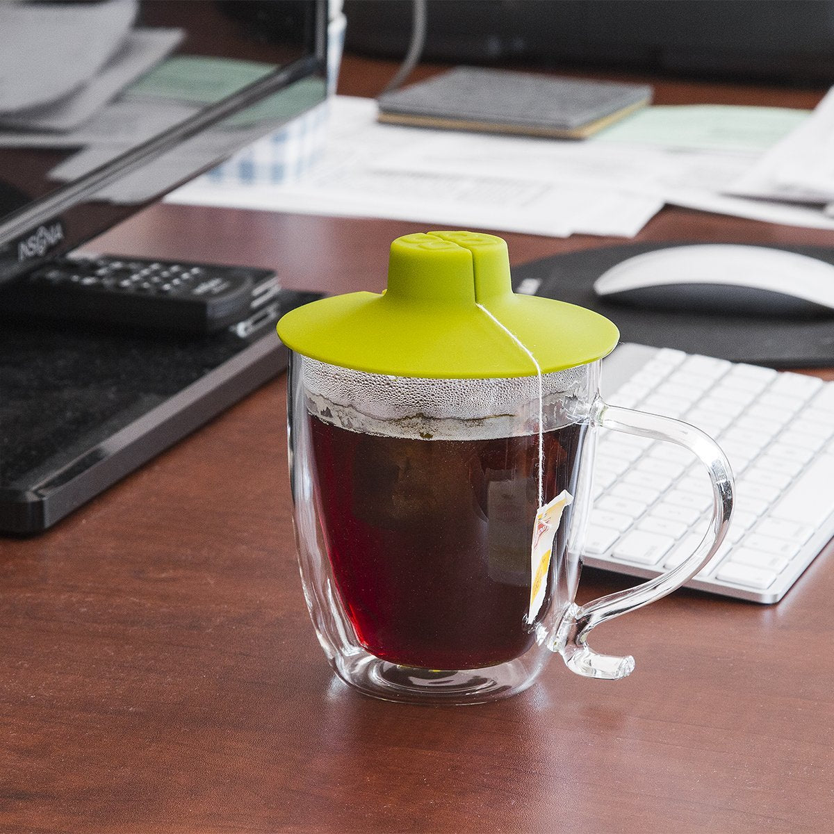 Primula Double Wall Glass Mug Set - 16 oz, Borosilicate Glass, Green Silicone Tea Bag Buddy, Dishwasher & Microwave Safe