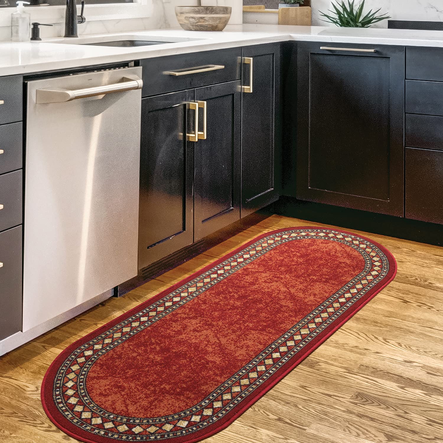 Antep Rugs Alfombras Modern Bordered 2x5 Non-Skid (Non-Slip) Low Profile Pile Rubber Backing Kitchen Area Rugs (Maroon Beige, 2