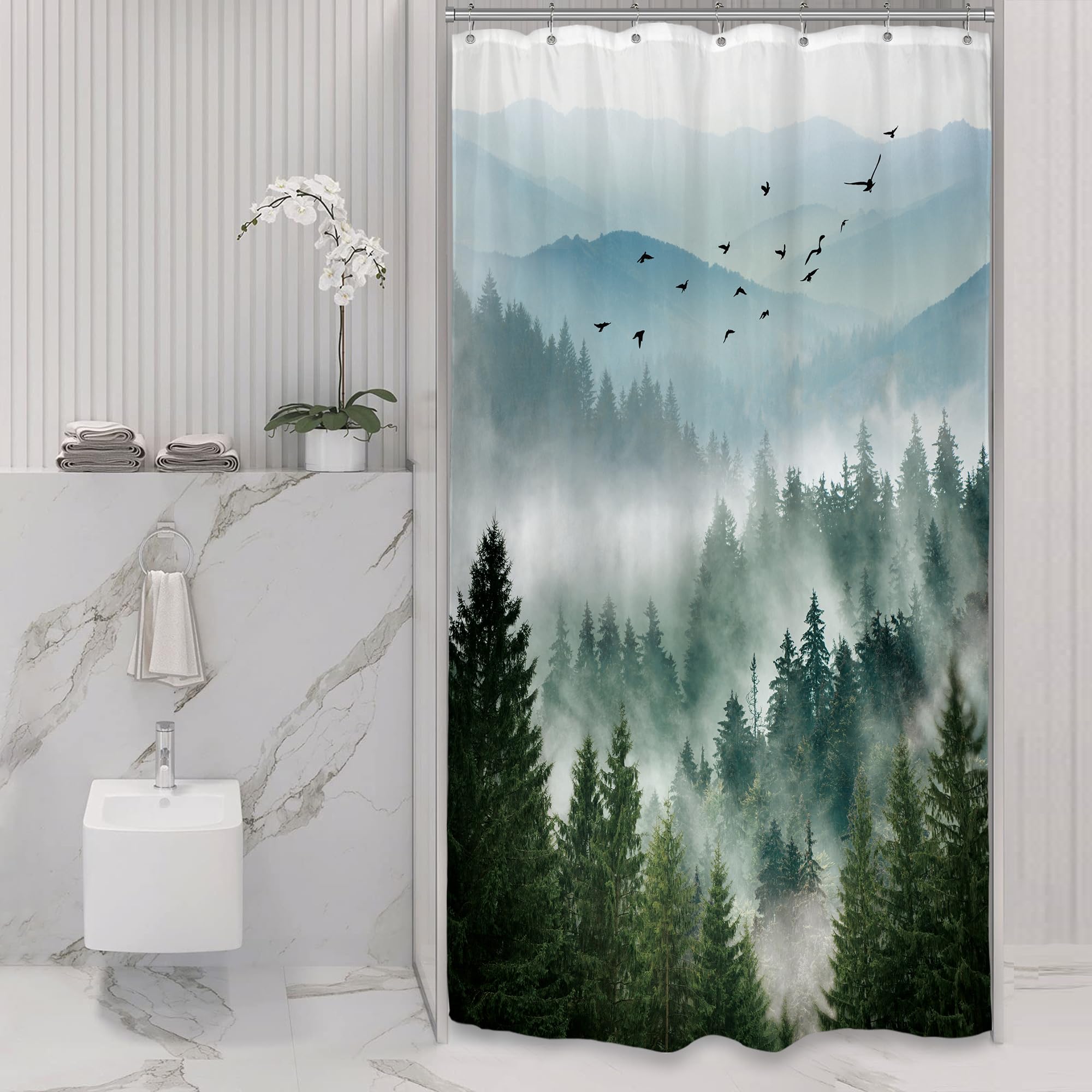 Riyidecor Small Stall Mountain Shower Curtain 36Wx72H Inch Green Rv Single Rustic Foggy Misty Nature Pine Tree Scenery Woodland