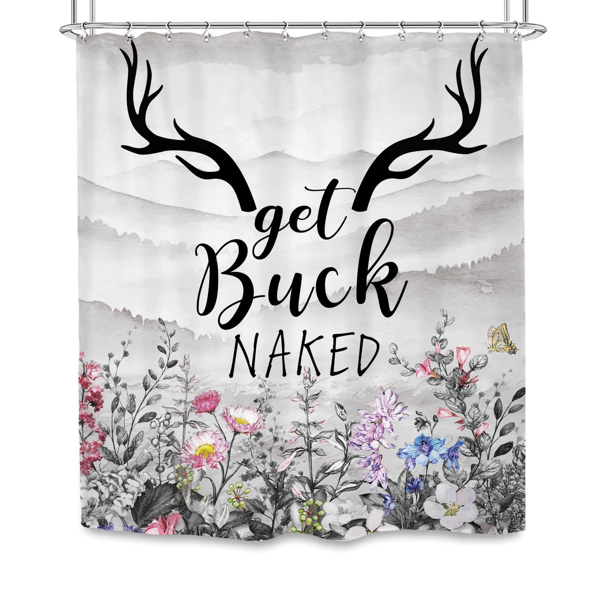 Svbright Get Buck Naked Shower Curtain 60Wx72L Inch Funny Farmhouse Country Rustic Floral Western Grey Mountain Cute Quotes Plan