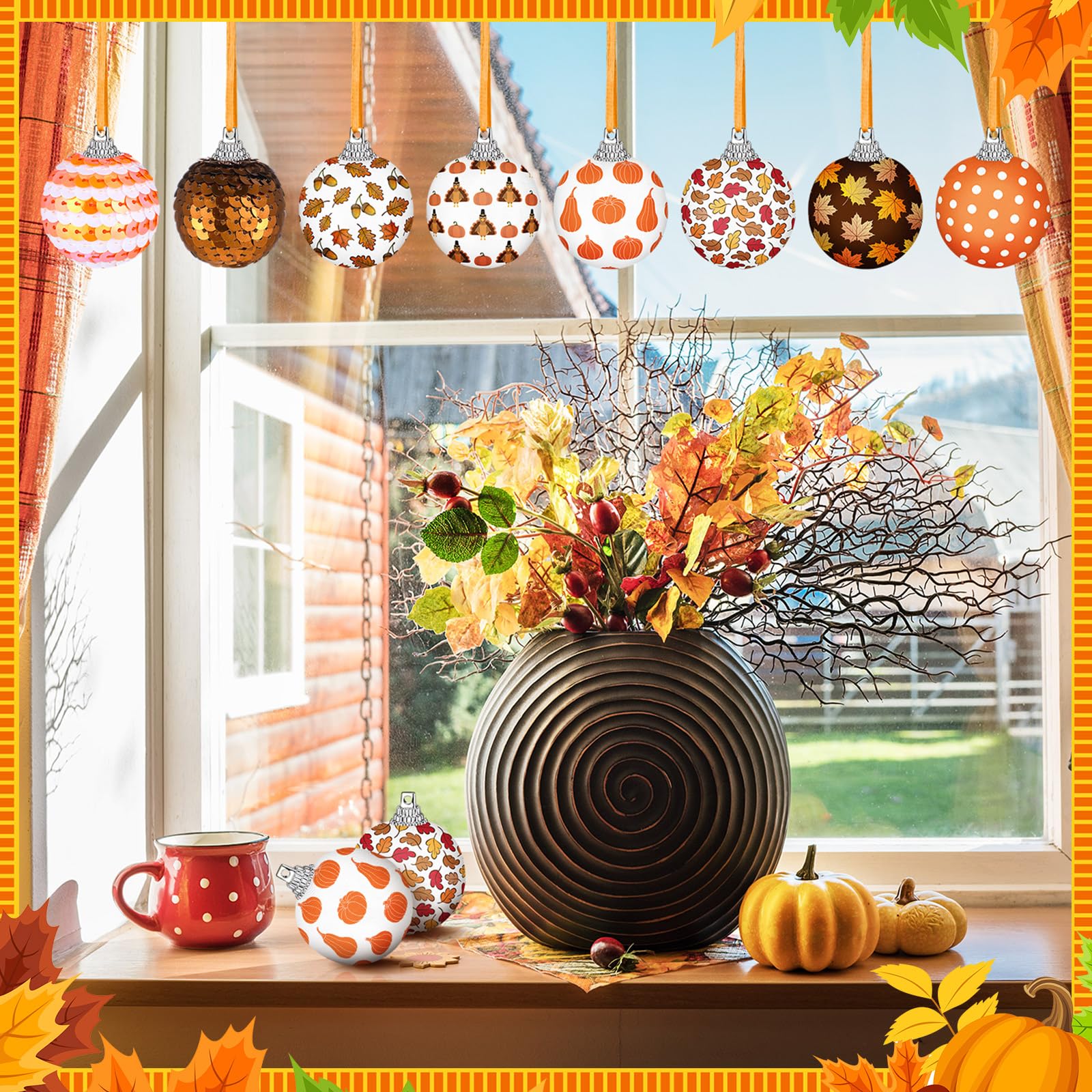 Blosssound 16 Pcs Thanksgiving Hanging Tree Ornaments 1.57 Inch Fall Decorations Autumn Ball Ornaments for Tree Thanksgiving Fal