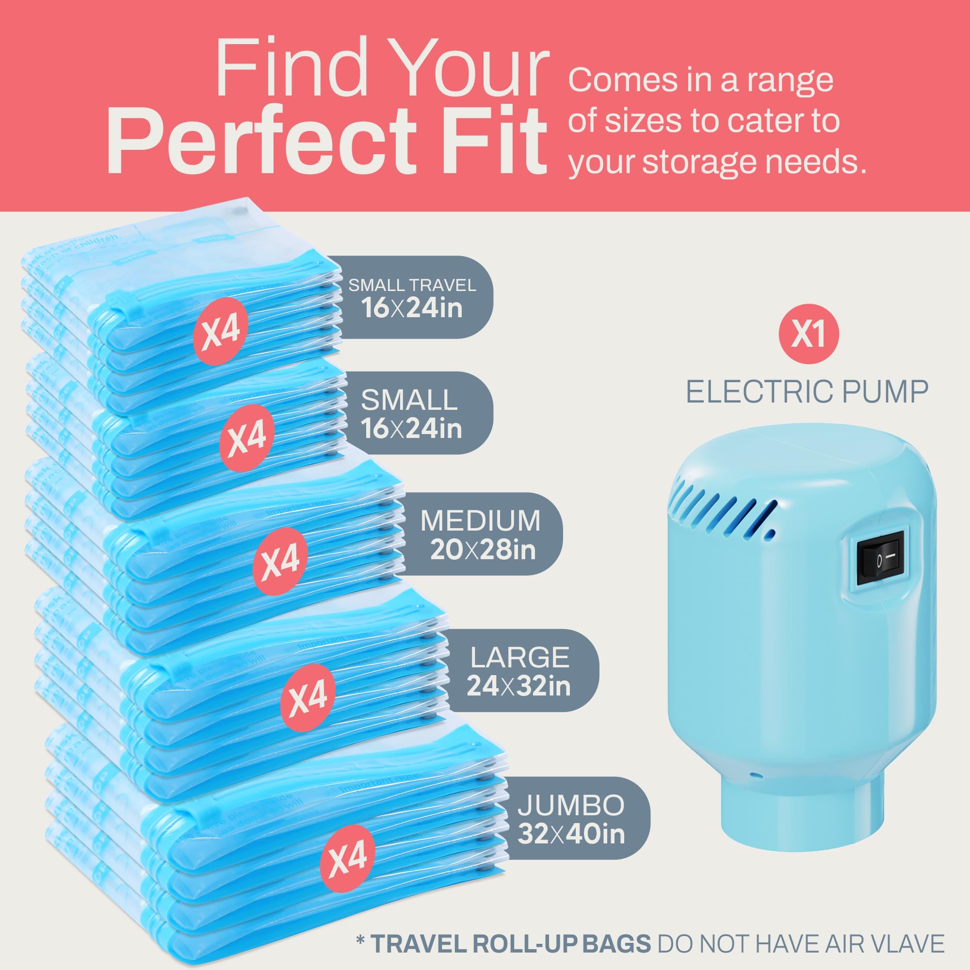 20 Pack Vacuum Storage Bags With Electric Pump, (4 Jumbo/4 Large/ 4 Medium/ 4 Small/ 4 Roll) Vacuum Sealed Bags For Clothing, Co