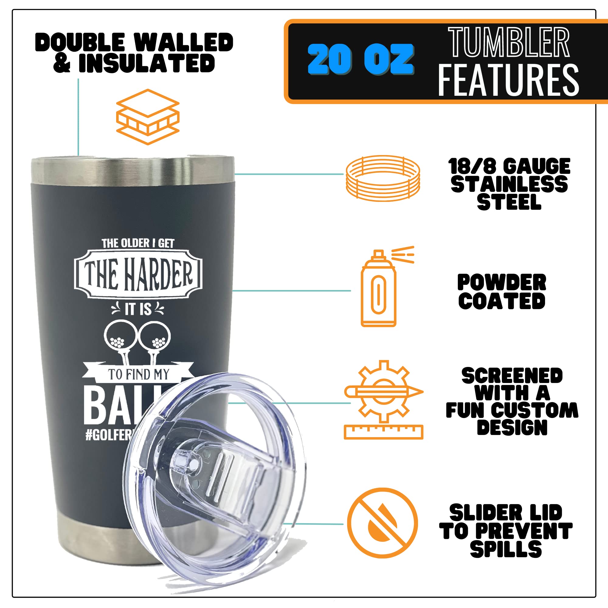 Brooke & Jess Designs - Find My Balls 20 Oz Golfer Multipurpose Insulated Water Bottle Tumbler Travel Coffee Mug - Golf Gifts Fo