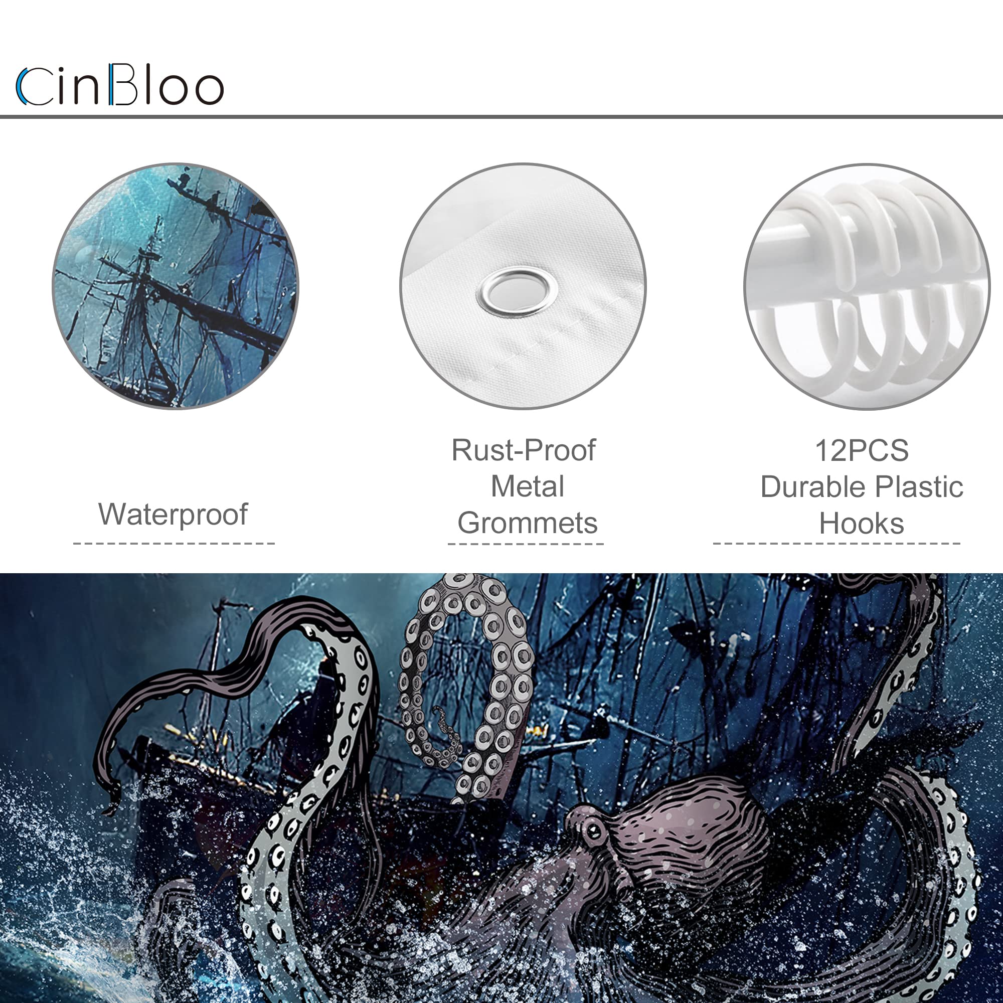 Cinbloo Navy Blue Octopus Beach Shower Curtain Nautical Kraken Anime Pirate Ship Kids Bathroom Curtain Set Sea Wave Sailboat Got