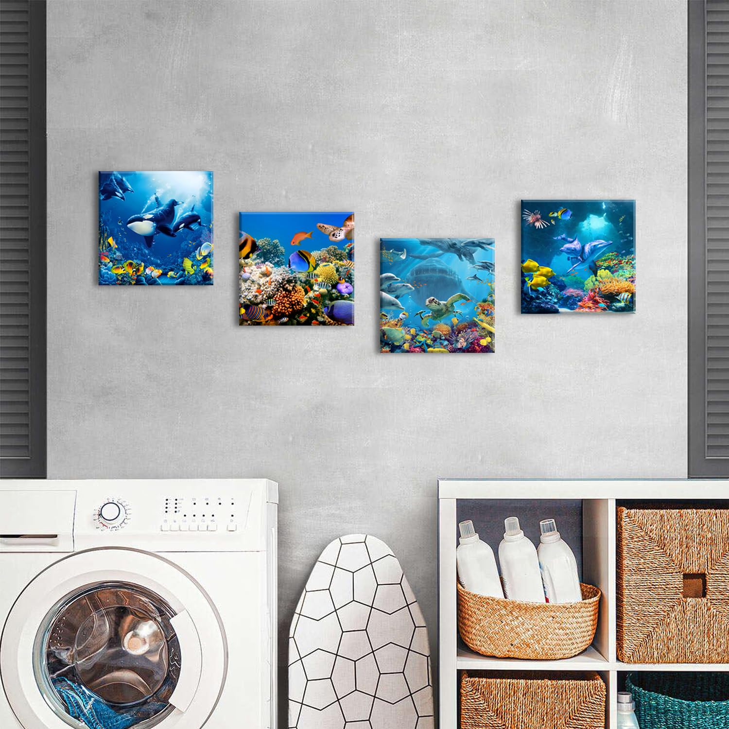 Blue Underwater World Wall Art Ocean Sea Turtle Dolphin Whale Fish Wall Decor For Living Room Coastal Seascape Photo Canvas Prin