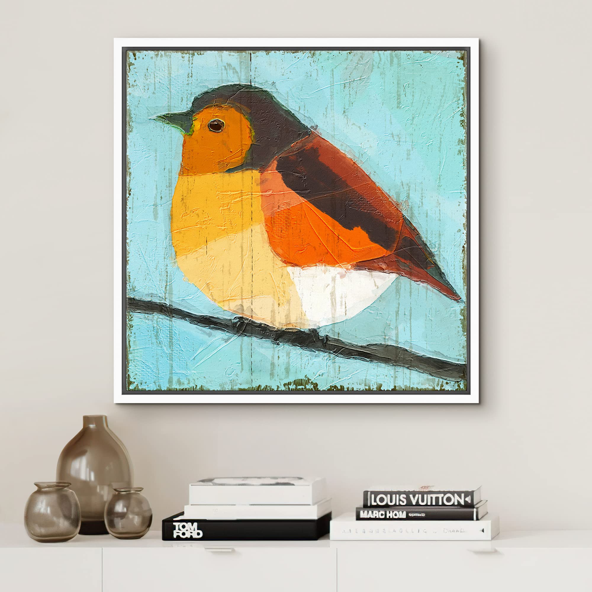 Wall26 Framed Canvas Print Wall Art Textured Geometric Orange & Yellow Robin Animals Birds Illustrations Modern Art Rustic Color
