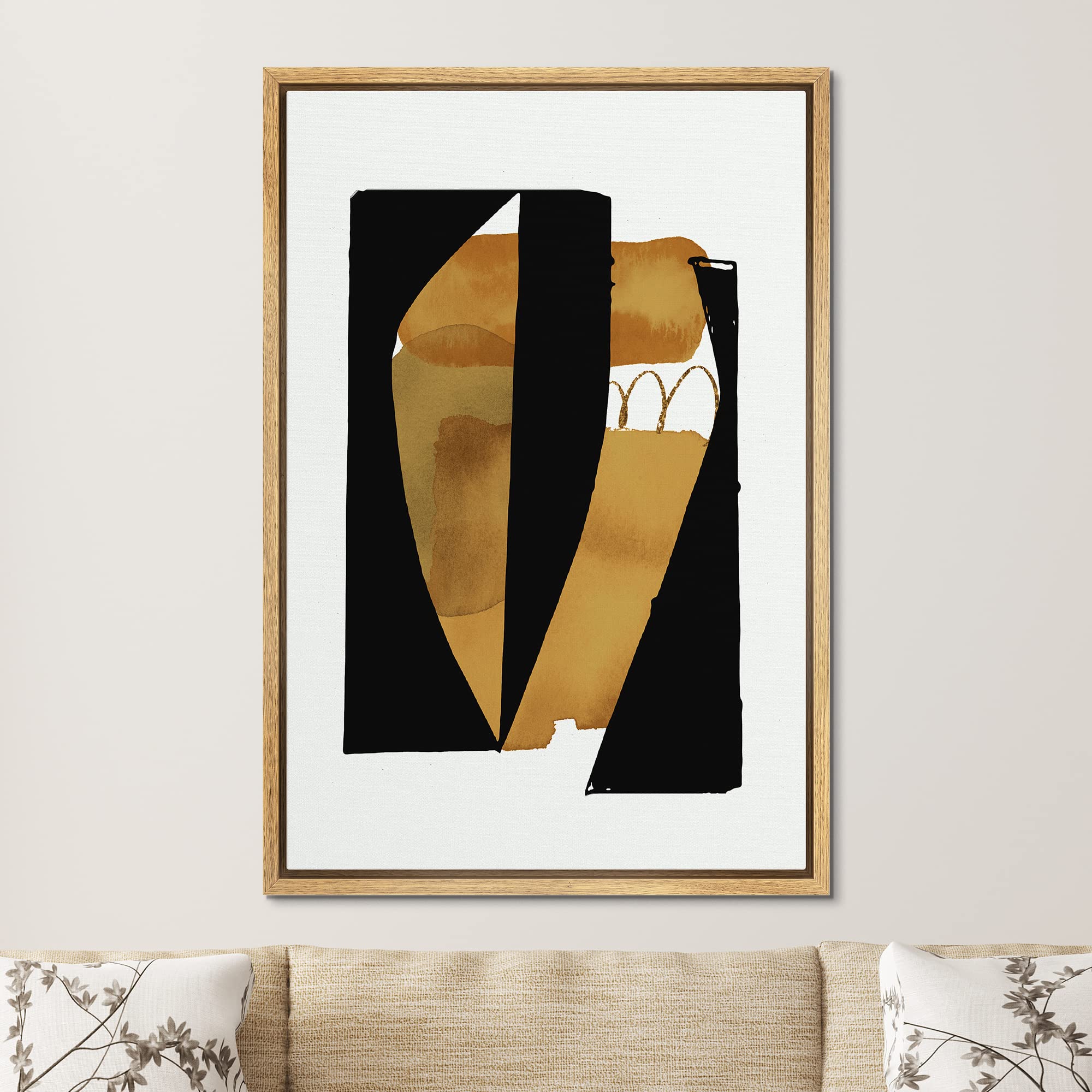 Signford Framed Canvas Print Wall Art Mid-Century Pastel Black Brown Blocks Abstract Shapes Illustrations Modern Art Decorative