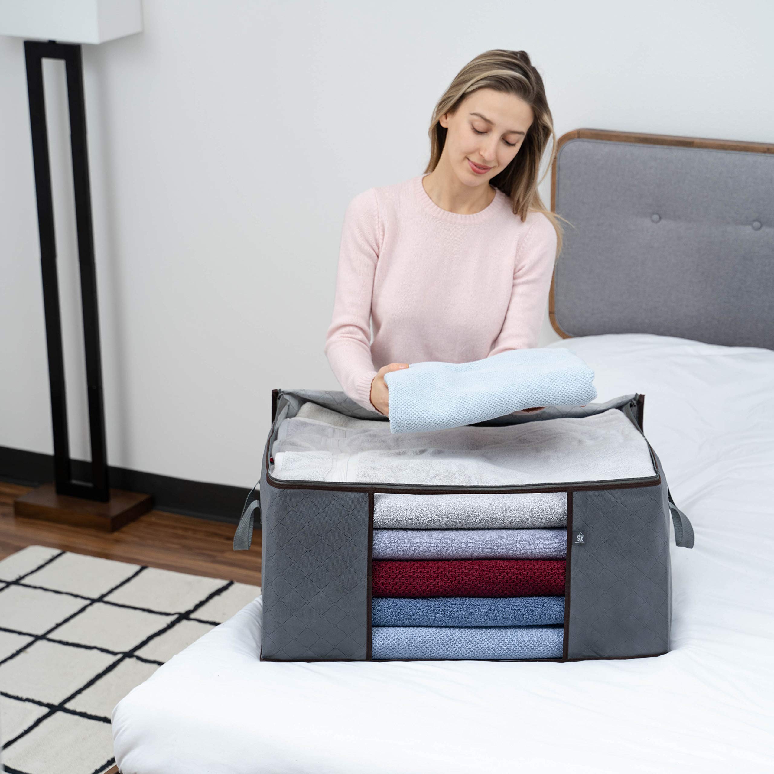 VENO 3 Pack Oversize Clothes Storage Bag Organizer with Reinforced Handle Thick Fabric for Comforters, Blankets, Bedding, Foldab