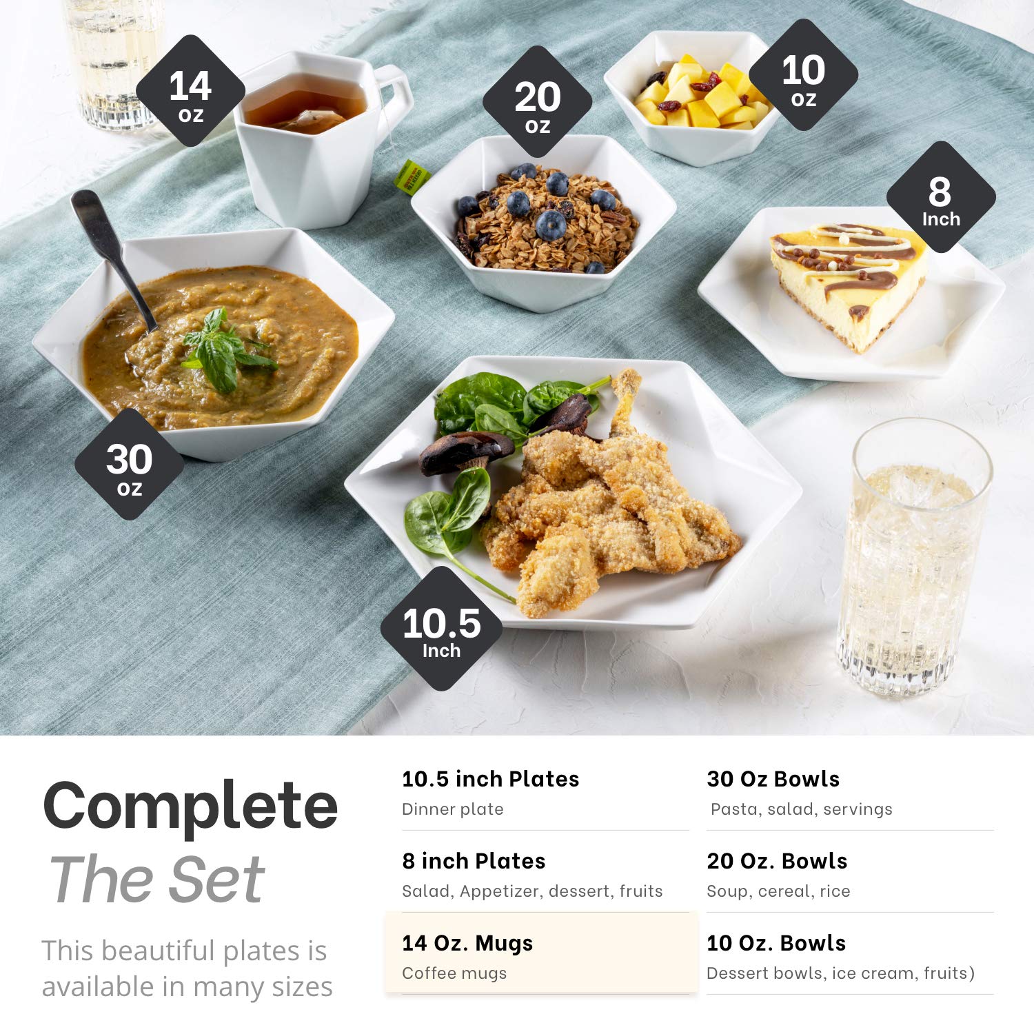 Mitbak 20 Ounce Bone China Soup Bowls | Set Of 6 Diamond Shaped White Serving Bowl Plates For Soup, Ramen, Cereal, Pasta, Fruit,