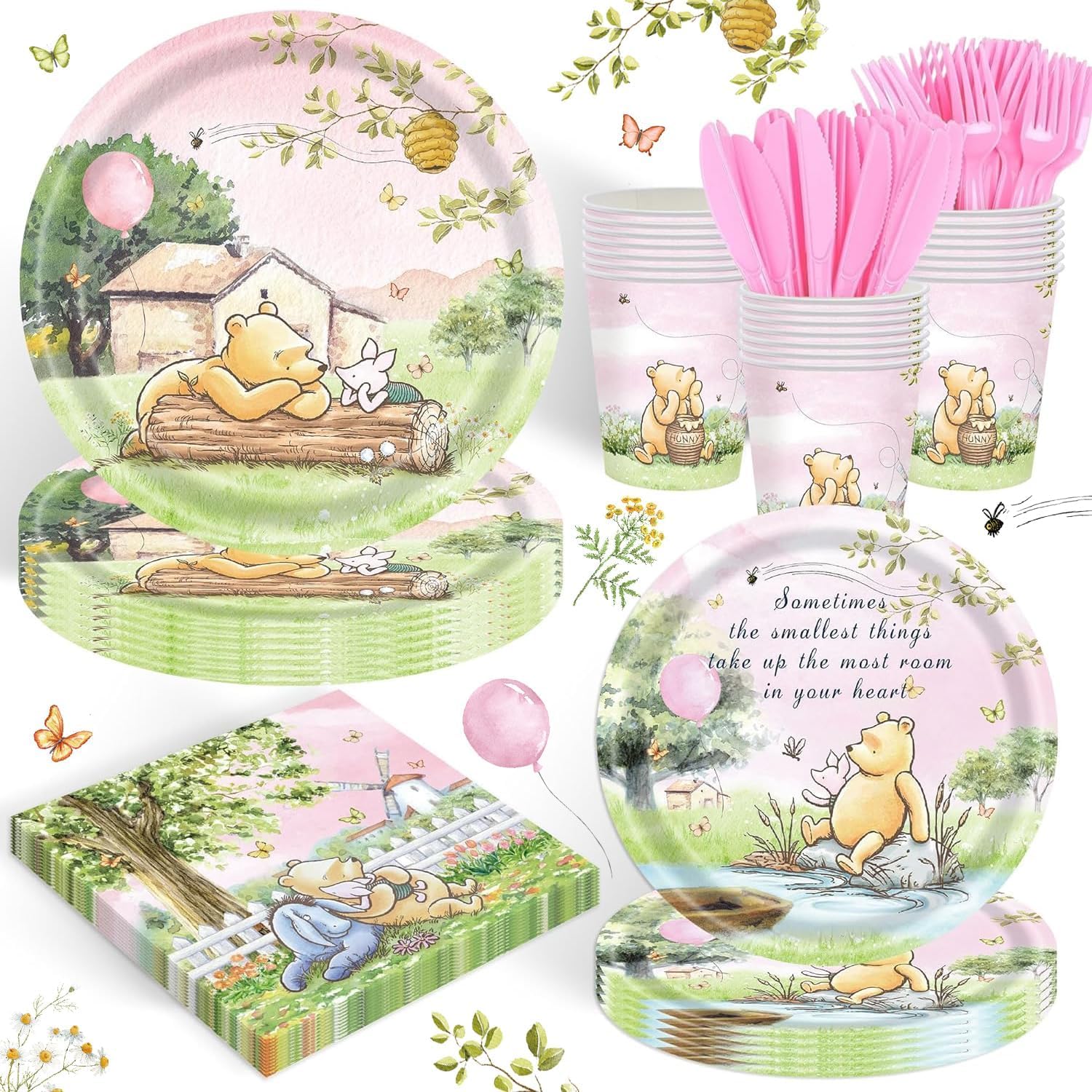 120Pcs Pink Classic Winnie Bear Party Supplies Babyshower 1St Party Decorations For Kids Girls Birthday Neutral Bear Plates Napk