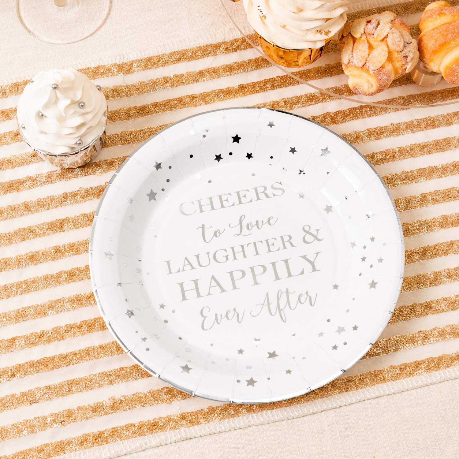 Crisky Cheers To Love Silver Disposable Plates For Bridal Shower, Wedding, Engagement, Bachelorett Party Decorations, Dessert, B