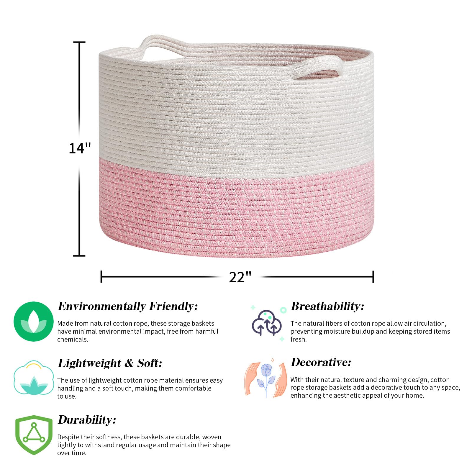 R RUNKA Extra Large Cotton Rope Basket 22'' x 14'' Toy Basket