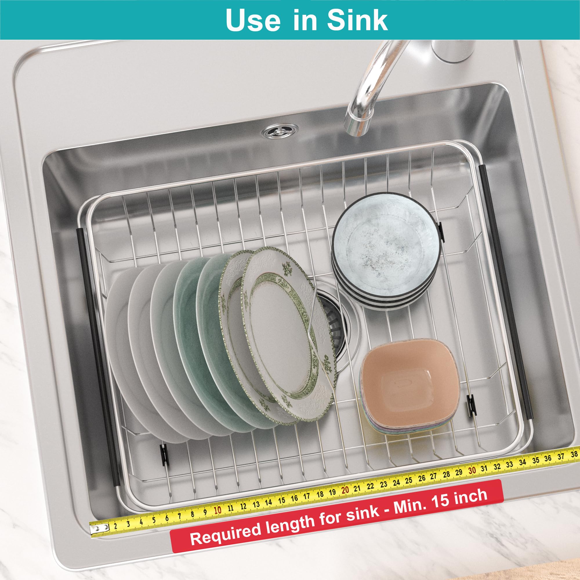 Ipegtop Expandable Dish Drying Rack With Rustproof Stainless Steel Utensil Cutlery Holder, Over Sink Dish Rack Basket Shelf, Dis