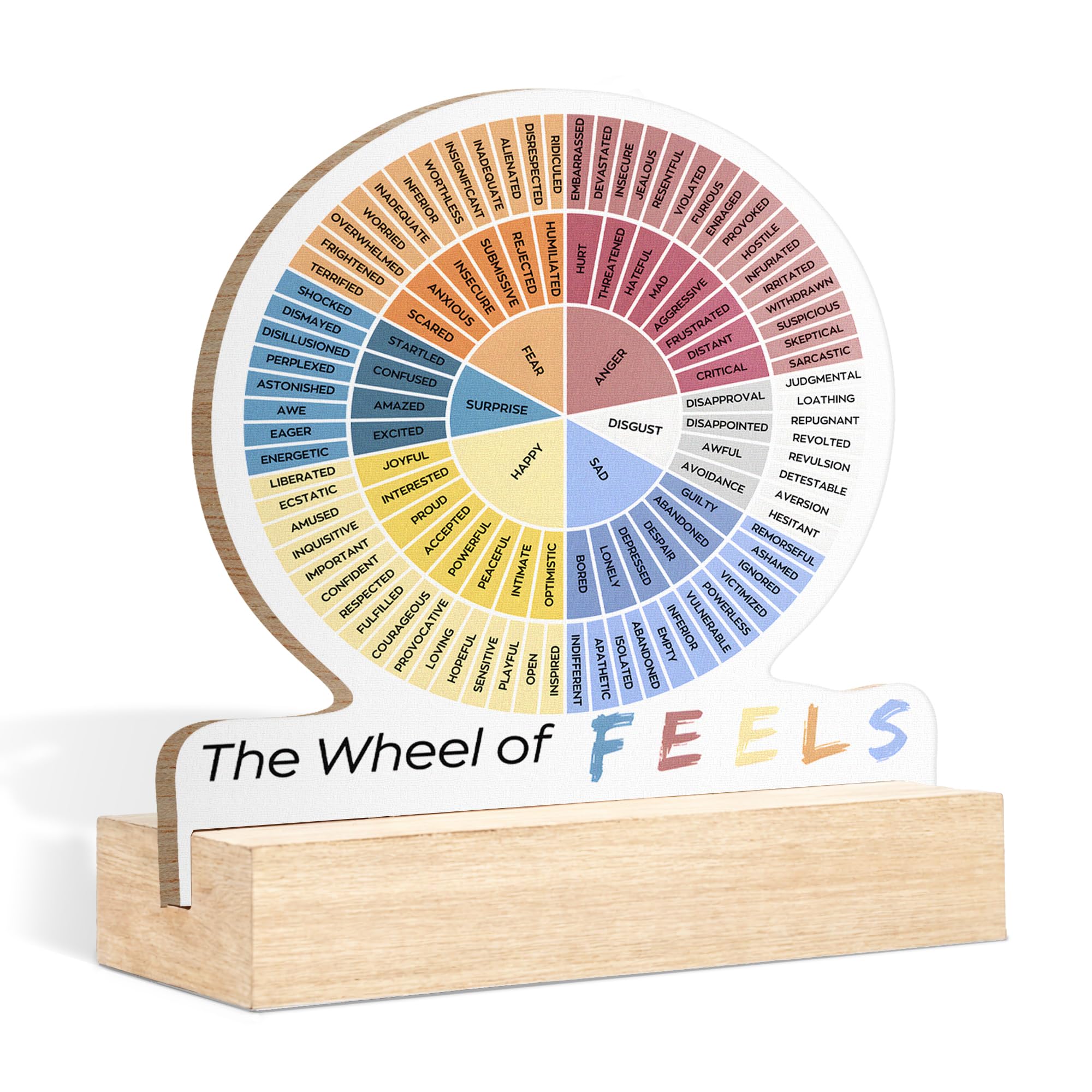 CTYNU Mental Health Gifts Wheel of Emotions Feelings Desk Decor Sign,The Wheel of Feels Wood Sign Plaque With Wooden Stand Decor