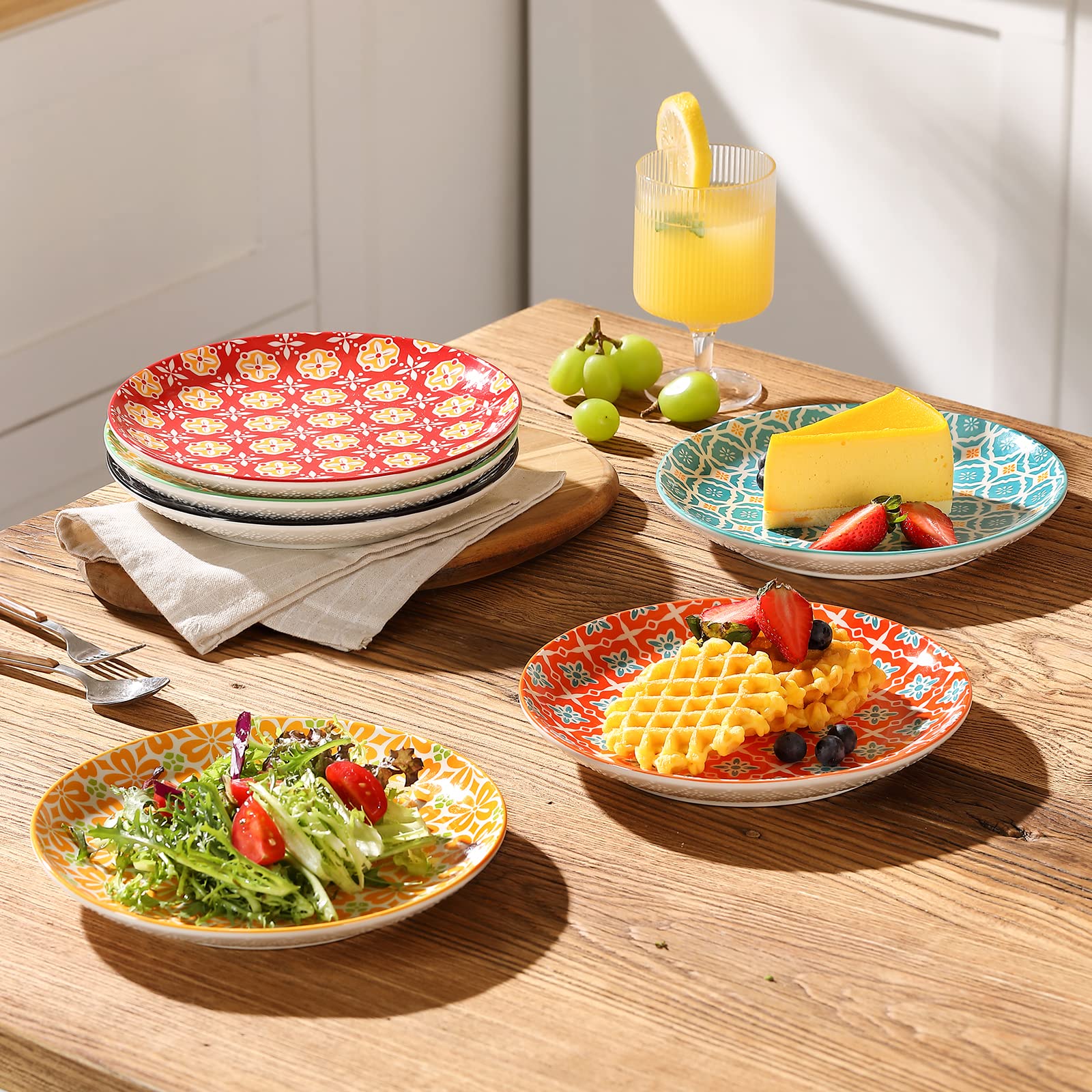 Metahom Salad Plates, Dessert Plates 8 Inch, Colorful Ceramic Plate Set For Pasta, Pancakes, Steak, Set Of 6, Dishwasher & Micro