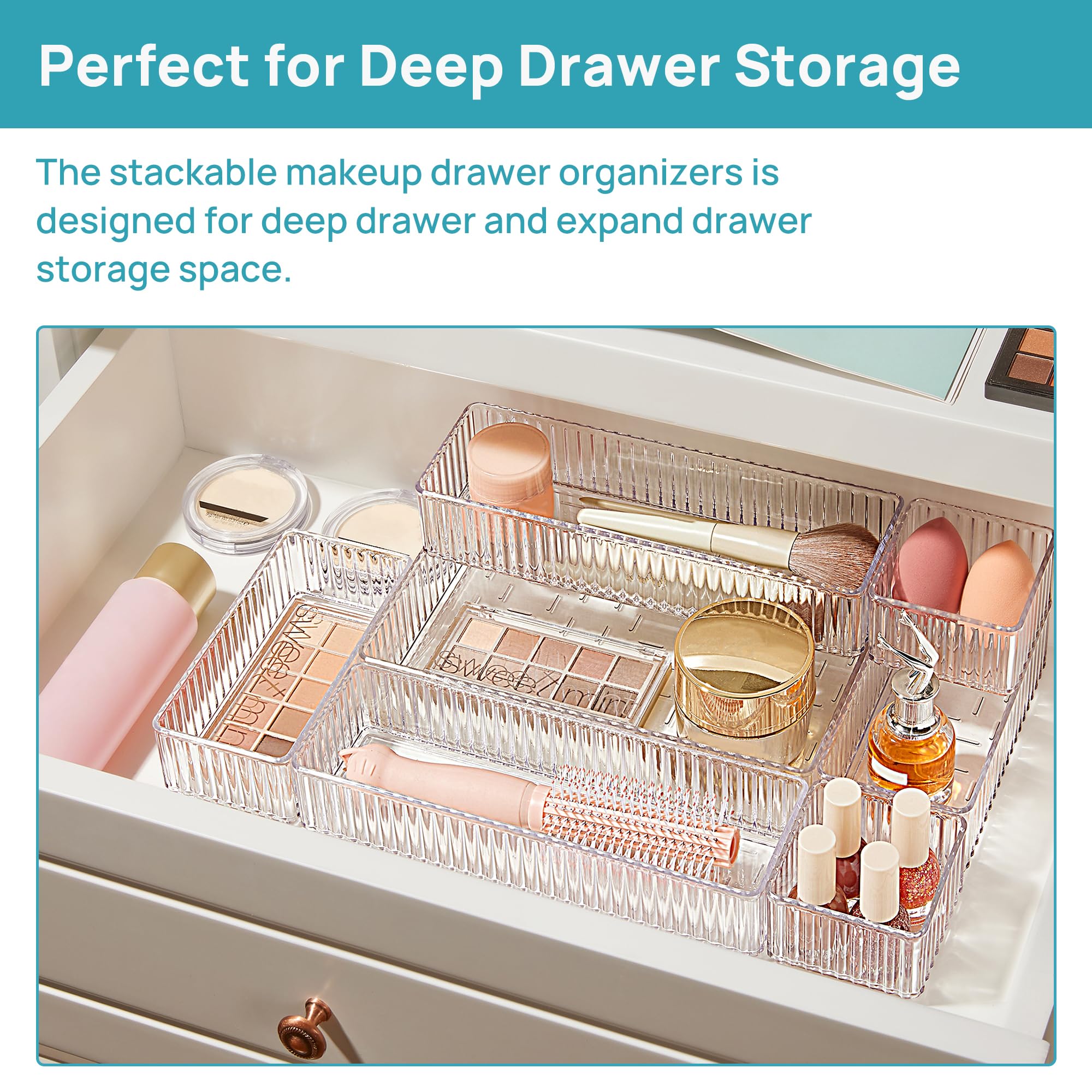 Vtopmart 7 PCS Clear Drawer Organizers Bins, 4-Size Stackable Makeup and Vanity Drawer Organizer Trays, Acrylic Bathroom Drawer