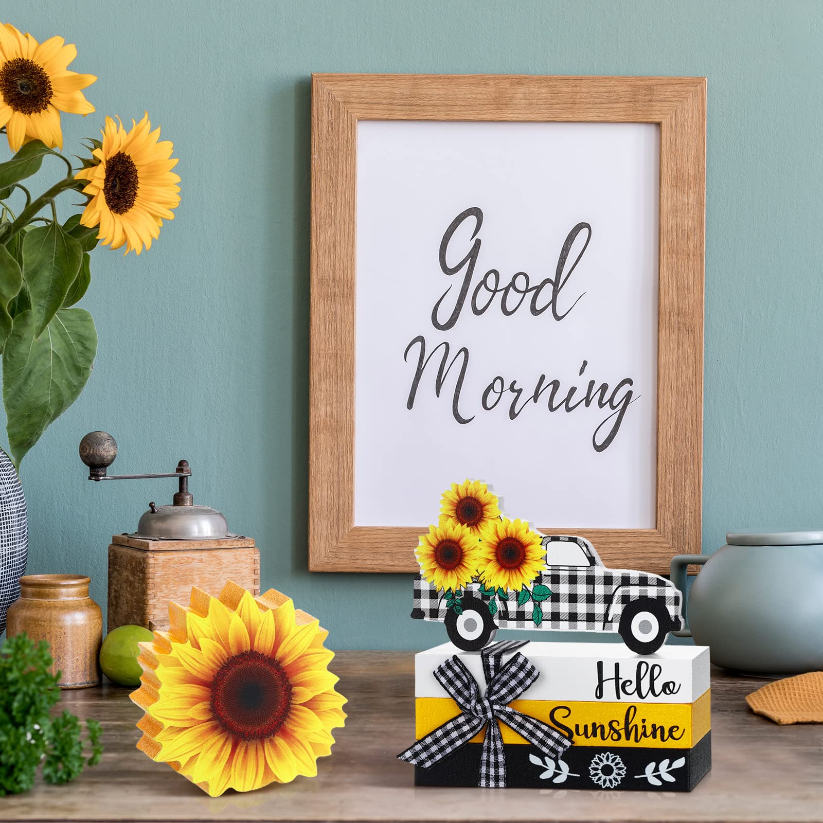 Yalikop 5 Pcs Sunflower Table Decorations Summer Tiered Tray Decor Mini Wooden Decorative Books Stack with Twine with Wood Truck