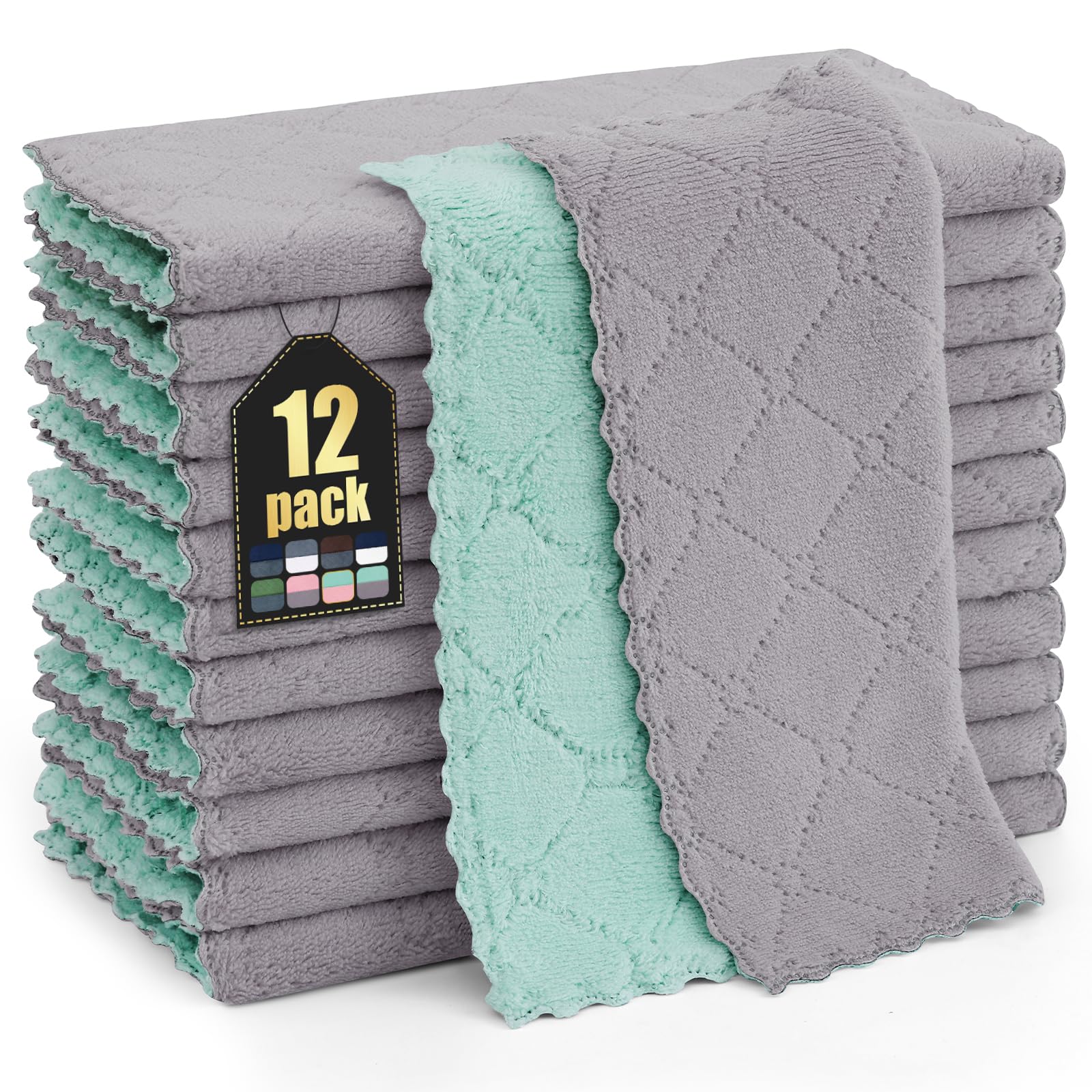 Homaxy 12 Pack Kitchen Cloths Dish Towels (10 x 10, Grey & Green), Super Soft and Absorbent Dish Cloths, Coral Velvet Microfiber