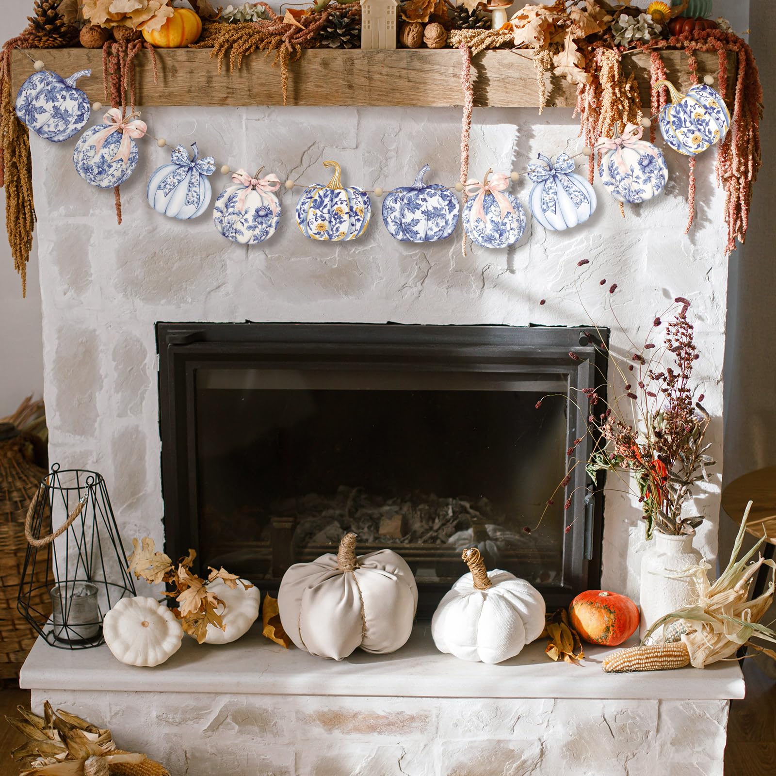 Cinnvoice 8.2 ft Fall Decorations Blue and White Porcelain Pumpkin Garland Wooden Bow Pumpkin Leaves Banner Chinoiserie Fall Ban