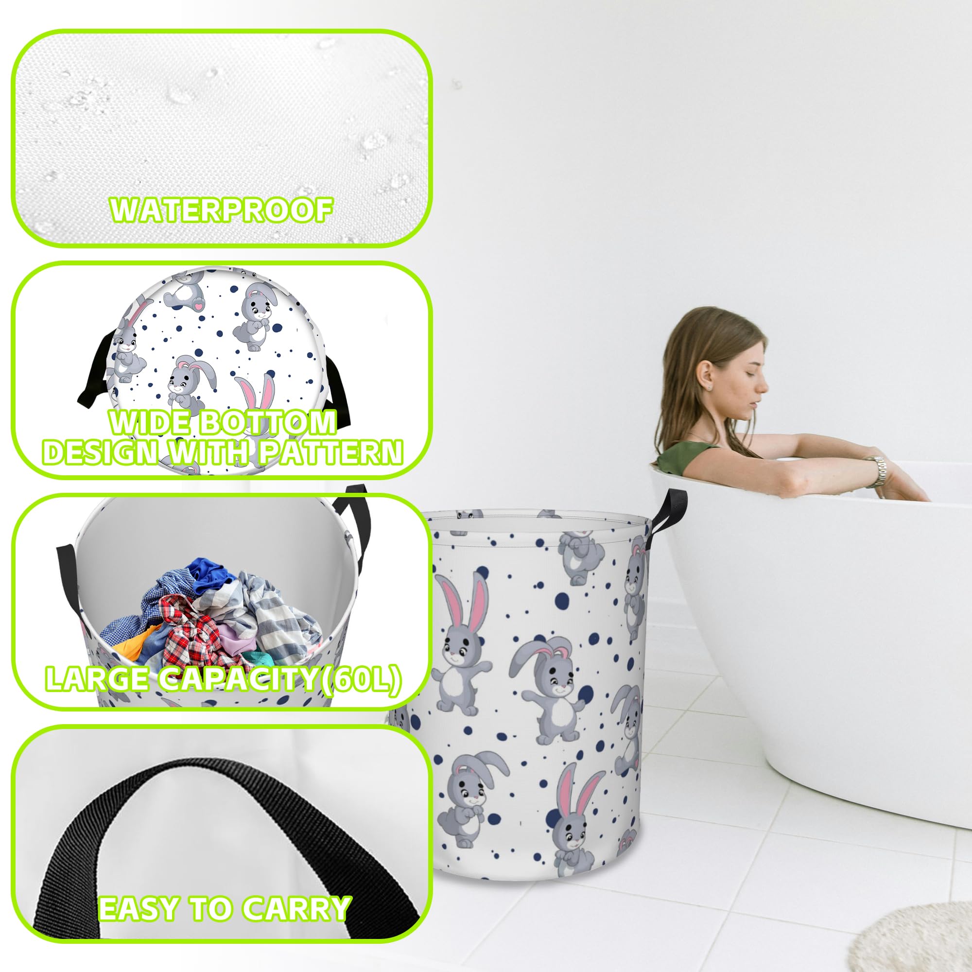 Naqiuli Laundry Basket Cartoon Rabbits Laundry Hamper Large Laundry Basket Storage Basket Tote Bag Collapsible Organizer Basket